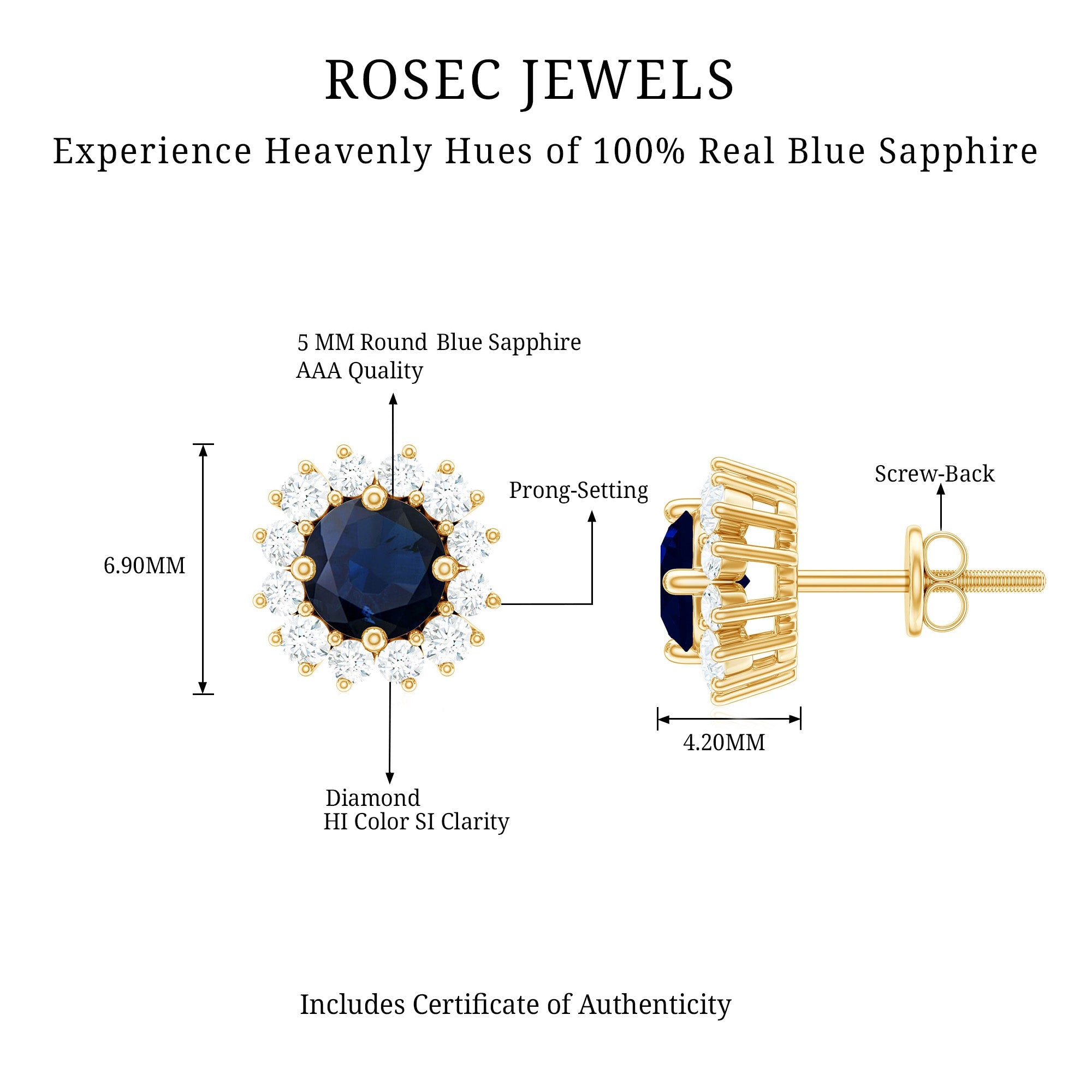 Genuine Blue Sapphire Diamond Earrings with Screw Back