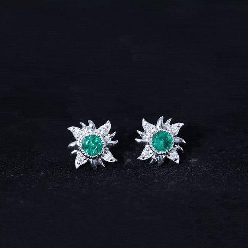 0.99 Carat Round Emerald and Diamond Sunburst Stud Earrings