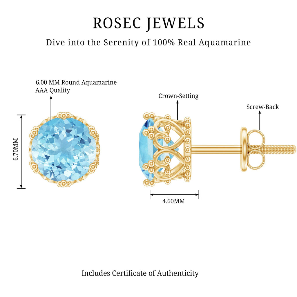 1.6 Carat Genuine Aquamarine Crown Stud Earrings