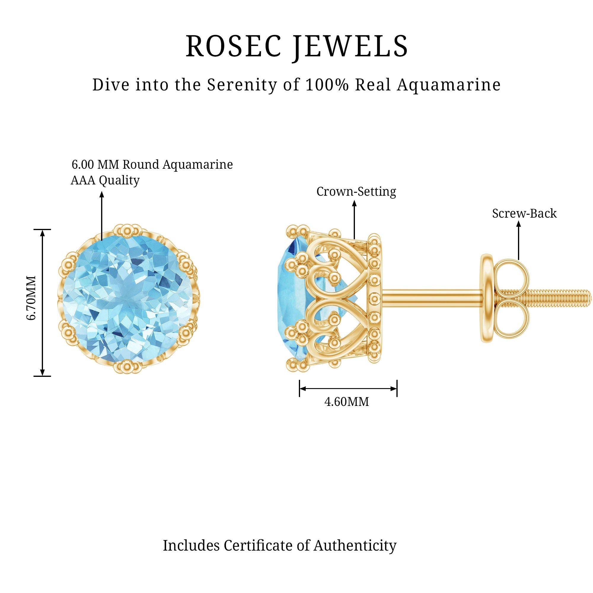 1.6 Carat Genuine Aquamarine Crown Stud Earrings