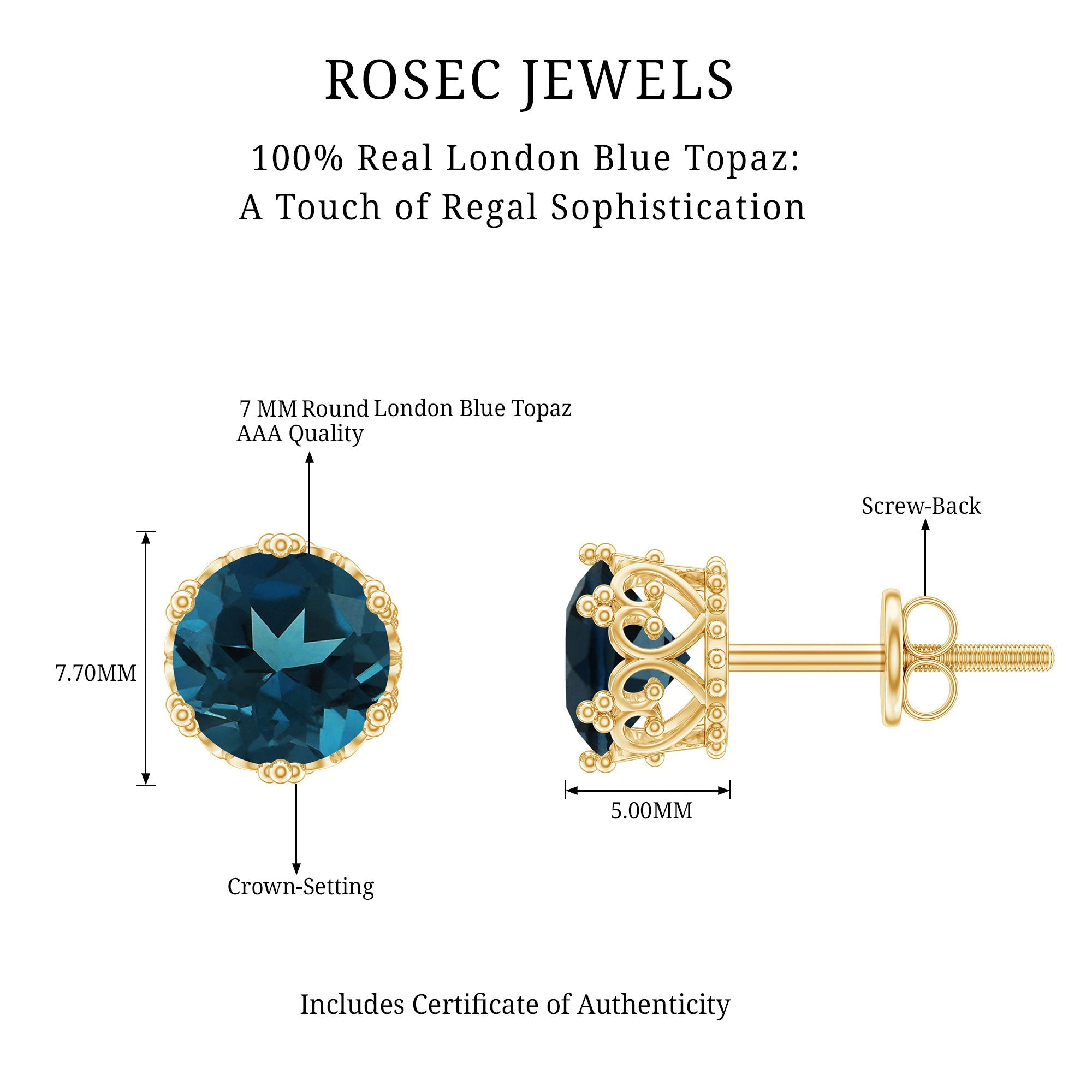 2.7 Carat Round Cut London Blue Topaz Crown Stud Earrings