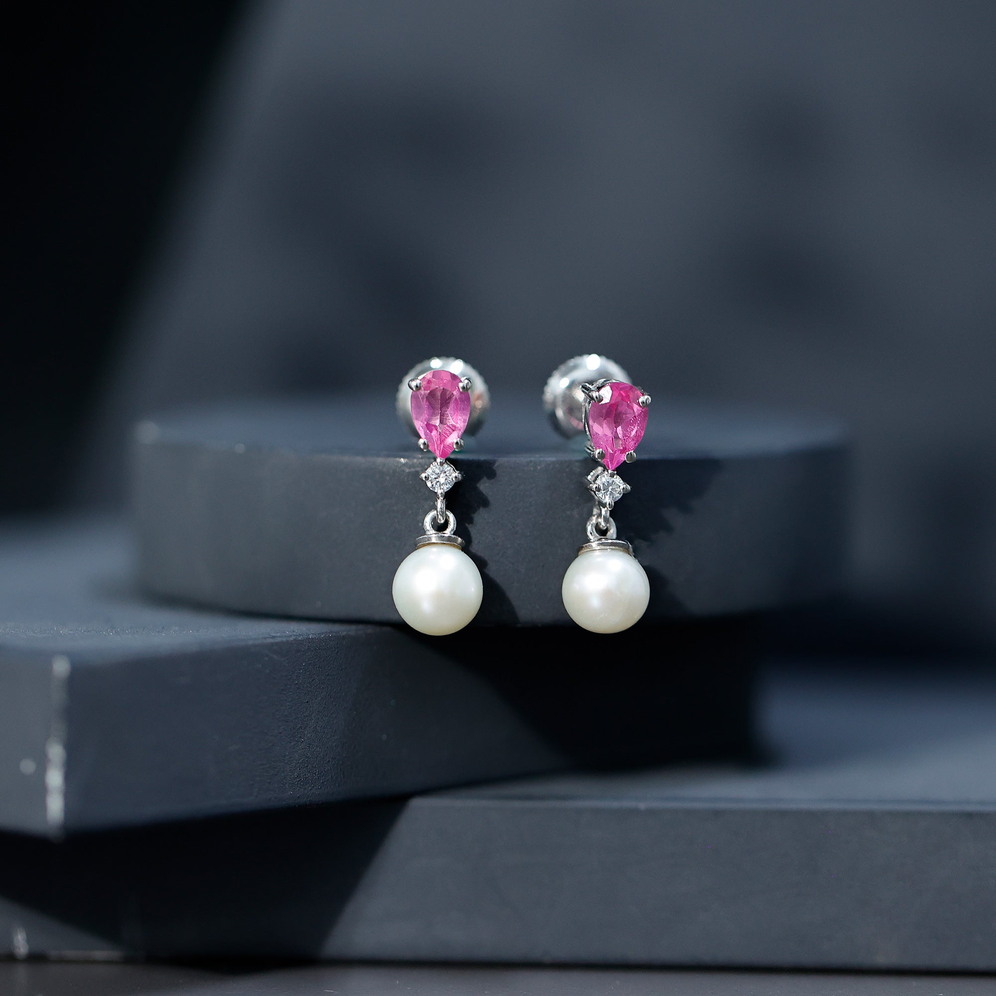 Freshwater Pearl Bridal Drop Earrings with Lab Pink Sapphire
