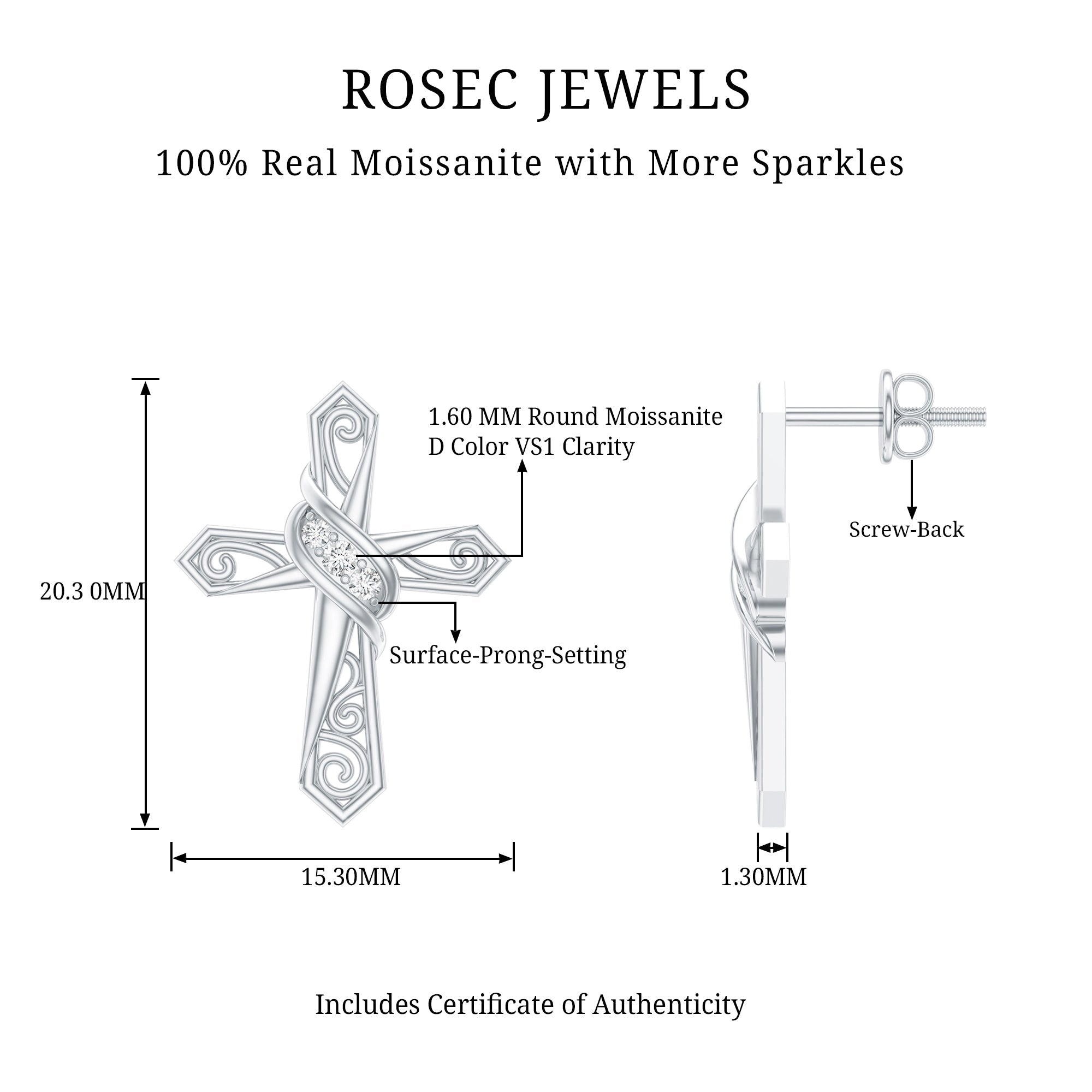 Certified Moissanite Vintage Cross Stud Earrings in Silver