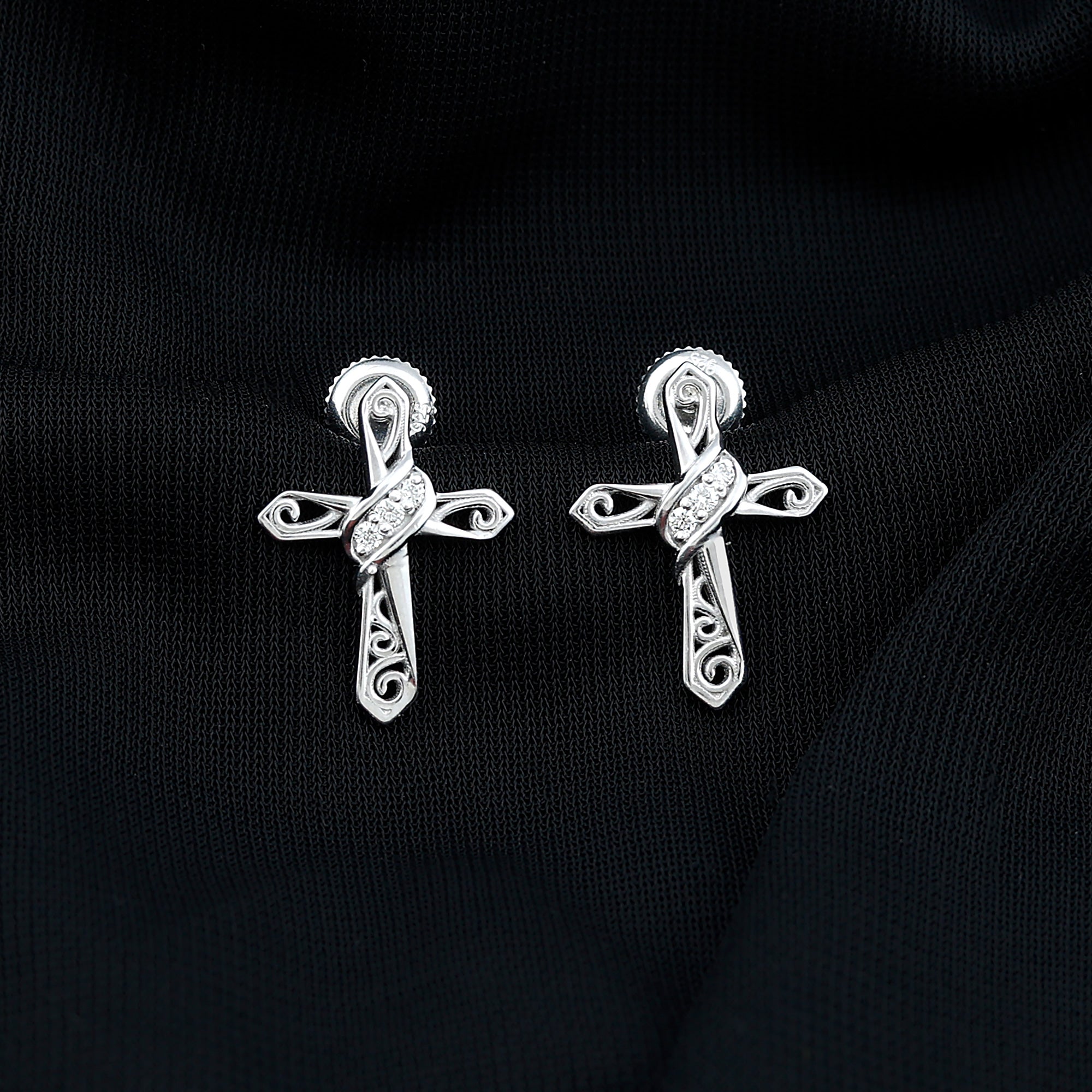 Certified Moissanite Vintage Cross Stud Earrings in Silver
