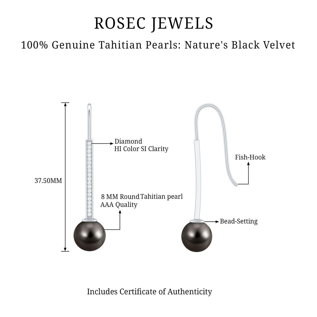 Genuine 15 CT Tahitian Black Pearl and Diamond Dangle Drop Earrings