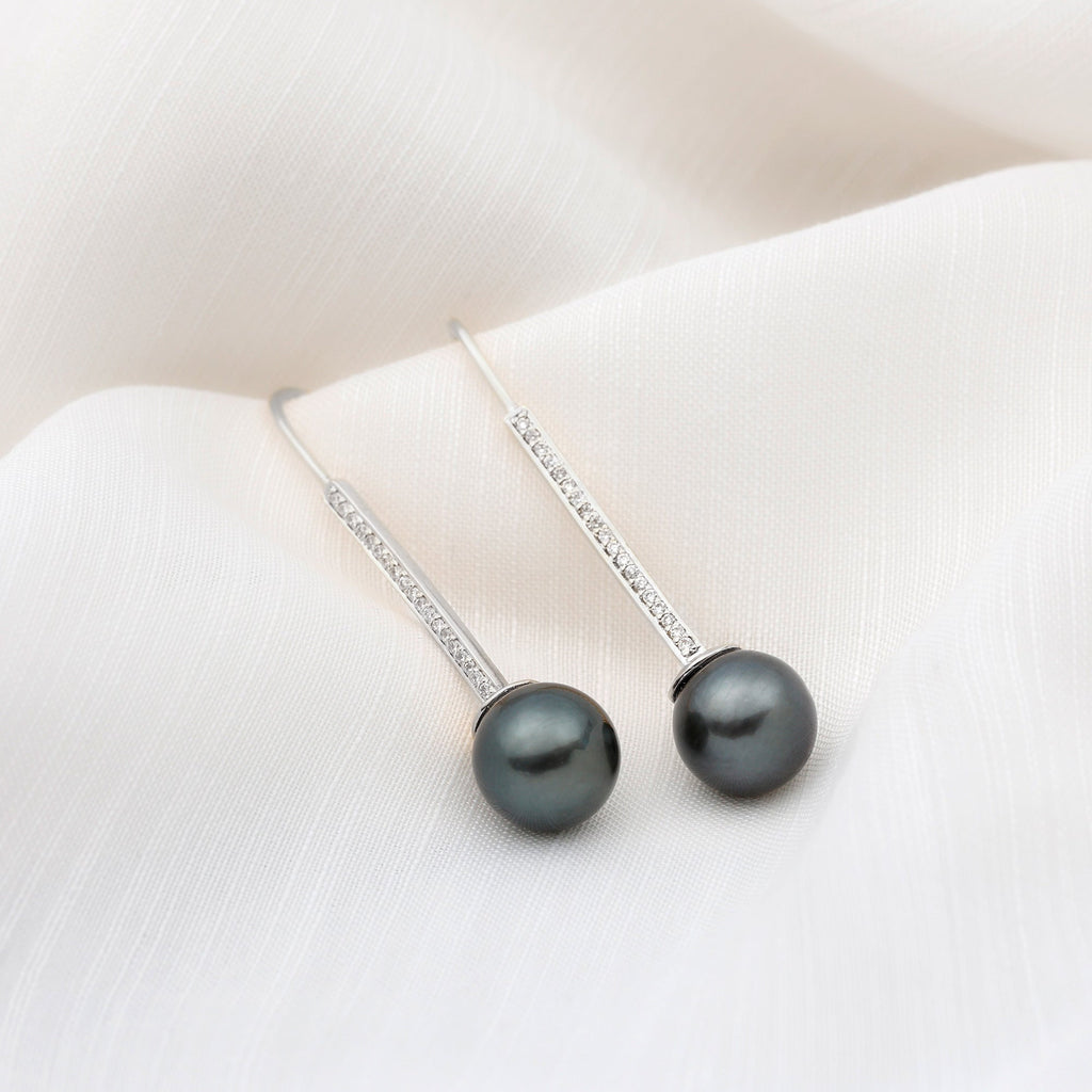 Genuine 15 CT Tahitian Black Pearl and Diamond Dangle Drop Earrings