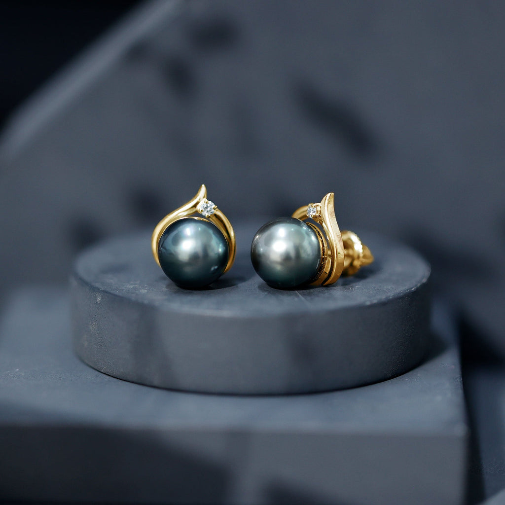 Cultured 16 Carat Tahitian Pearl Bridal Stud Earrings with Diamond