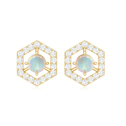 1 CT Minimal Ethiopian Opal and Diamond Geometric Stud Earrings