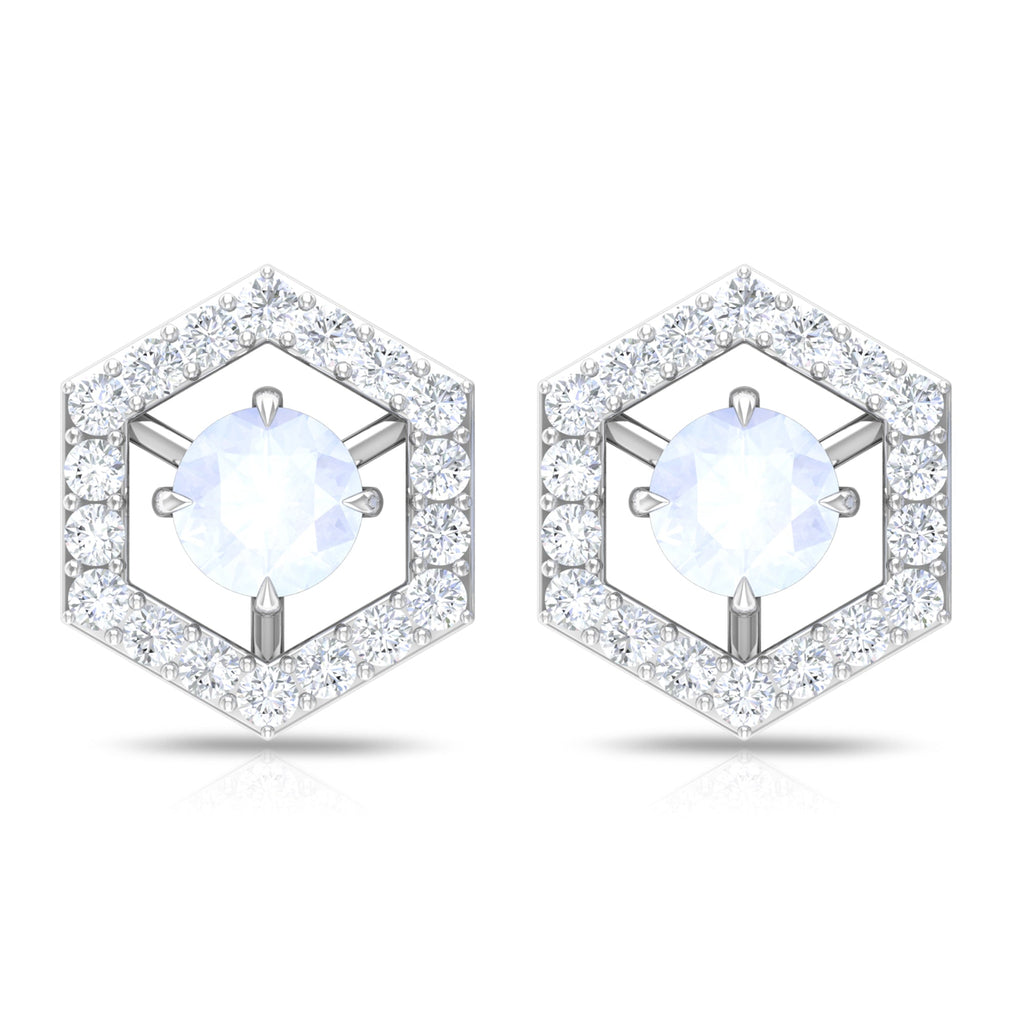 1 CT Minimal Moonstone and Diamond Geometric Stud Earrings