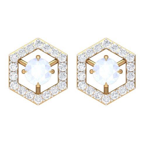 1 CT Minimal Moonstone and Diamond Geometric Stud Earrings