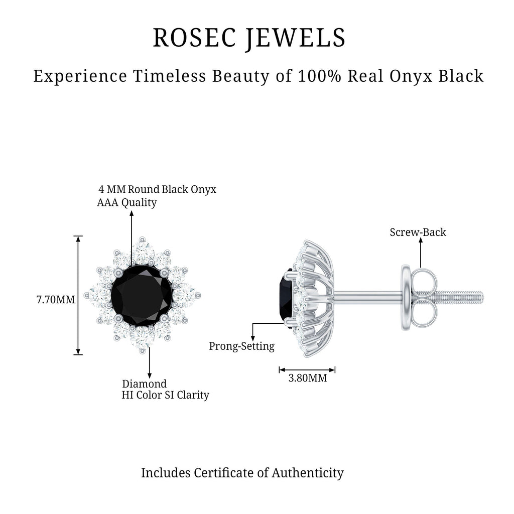 Real Black Onyx Stud Earrings with Diamond Halo