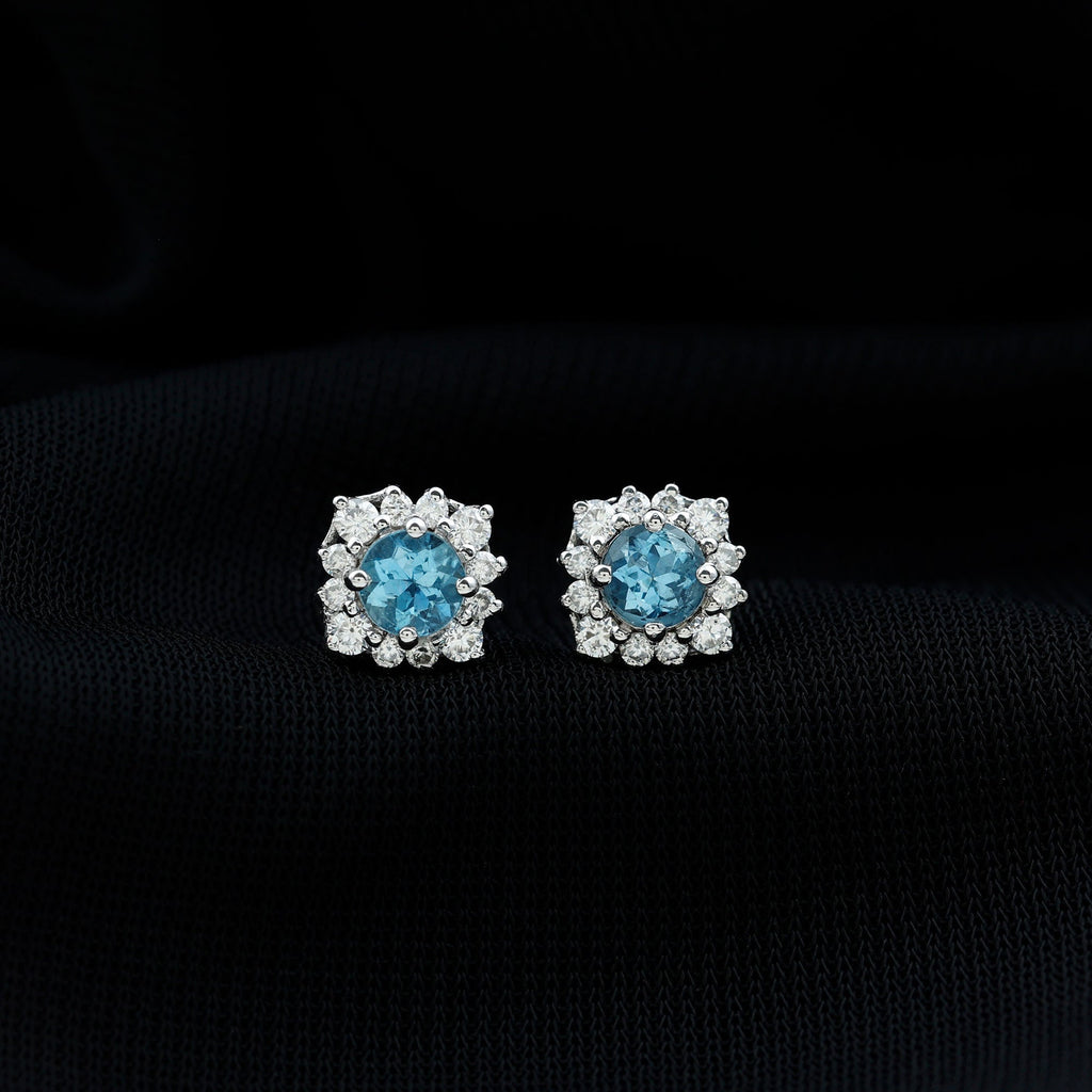 Real Aquamarine Stud Earrings with Diamond Halo