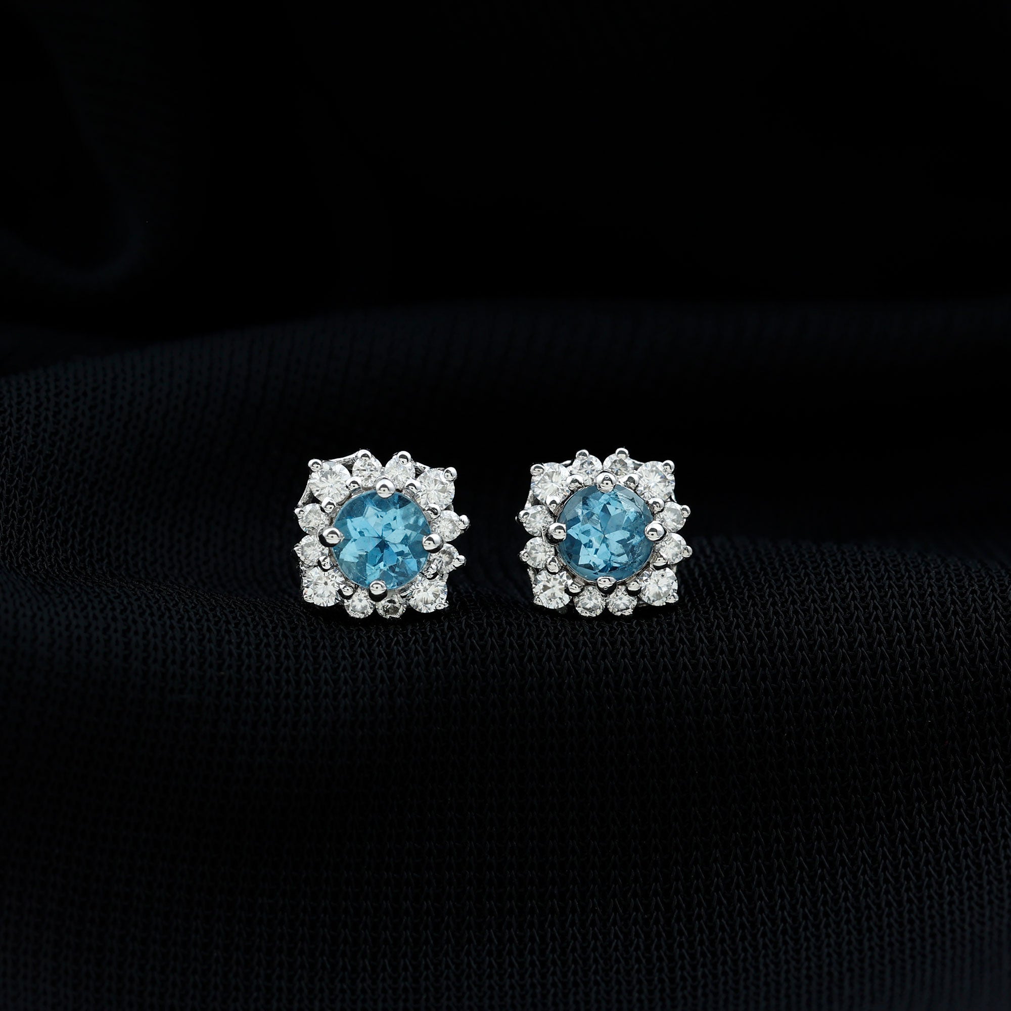 Real Aquamarine Stud Earrings with Diamond Halo
