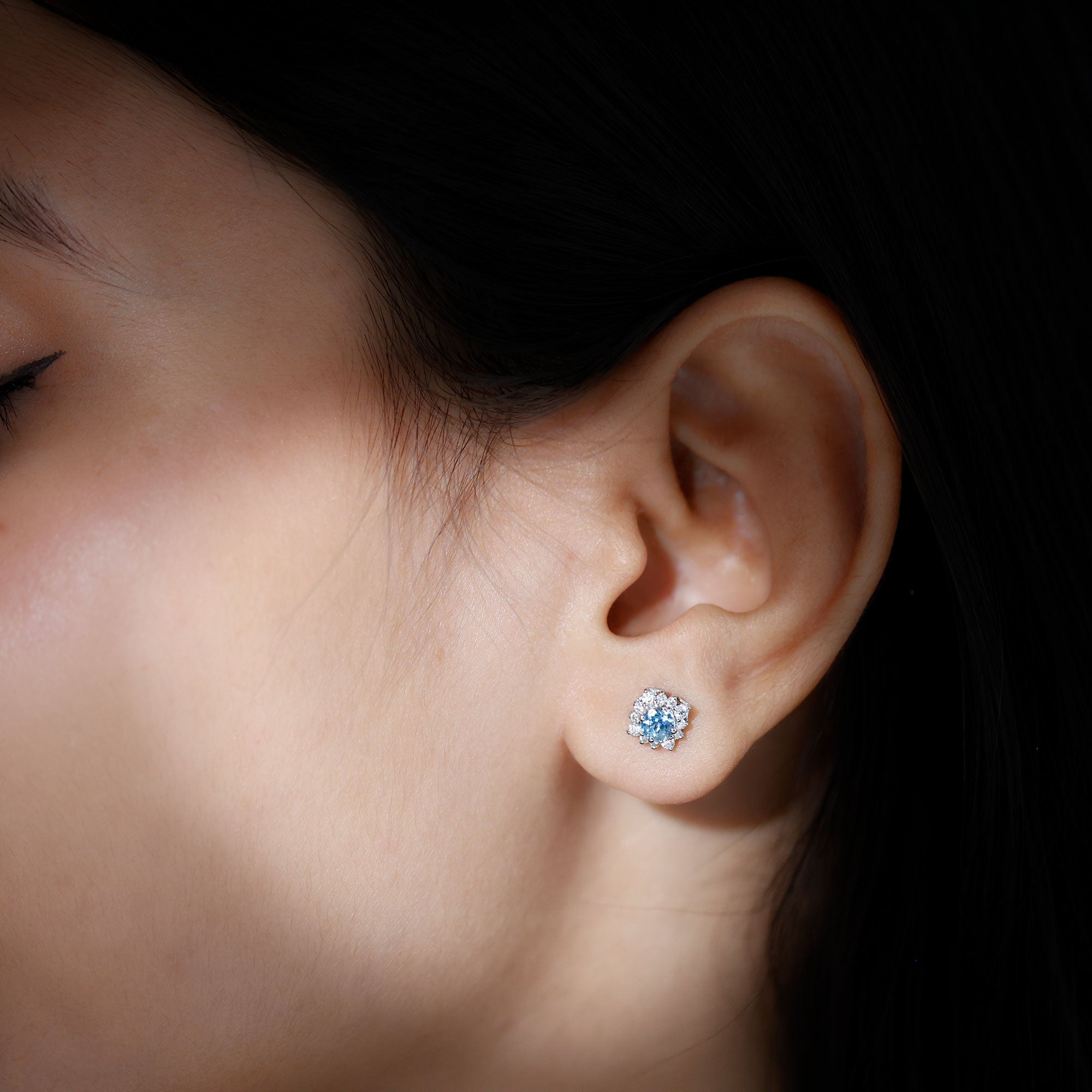 Real Aquamarine Stud Earrings with Diamond Halo