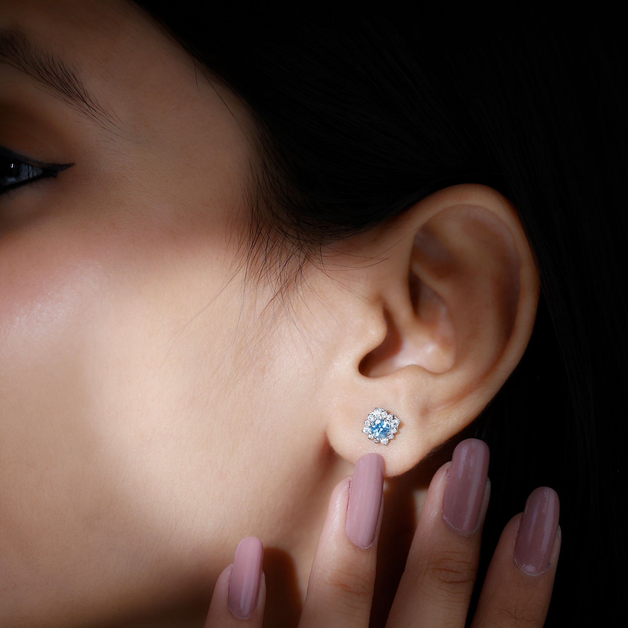 Real Aquamarine Stud Earrings with Diamond Halo