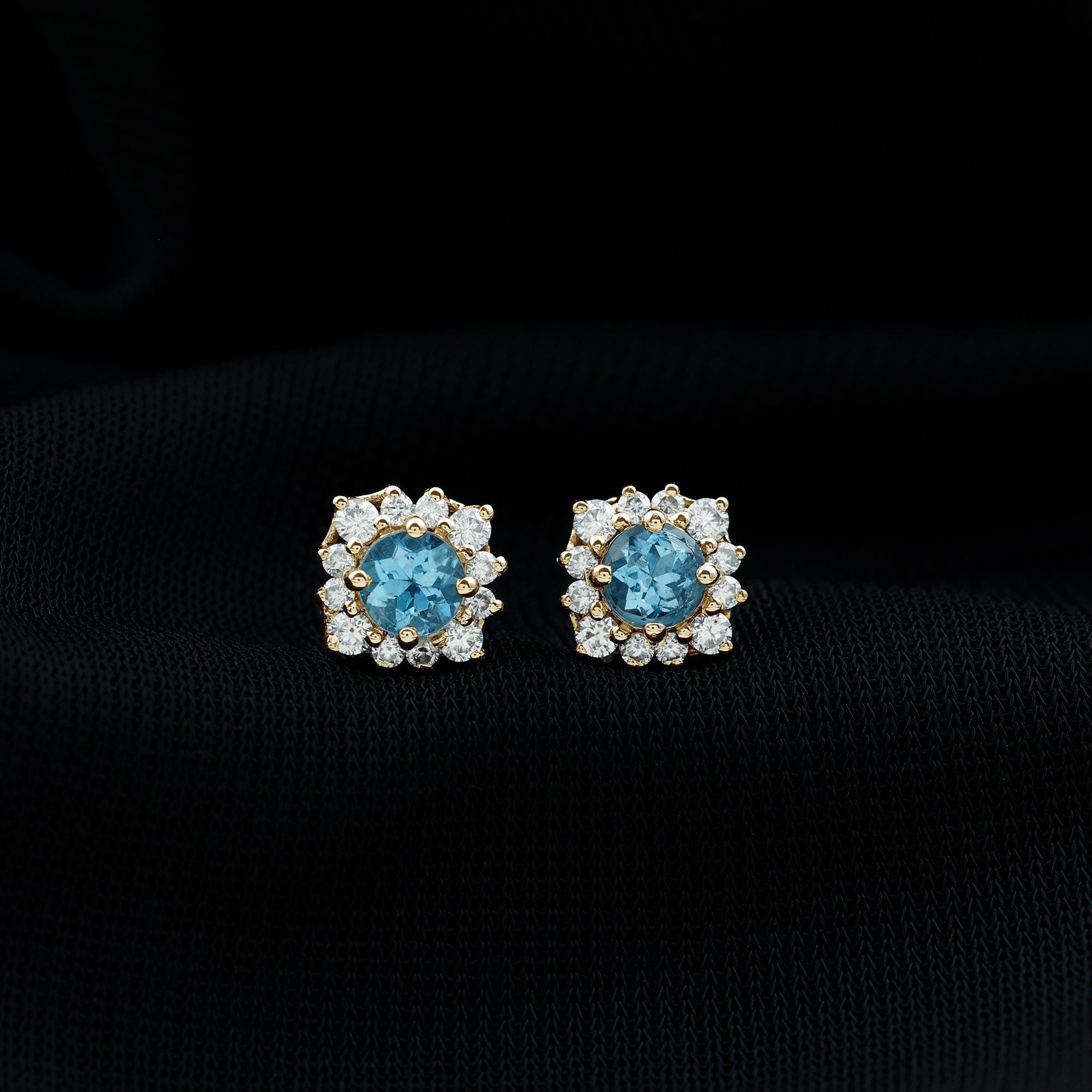 Real Aquamarine Stud Earrings with Diamond Halo