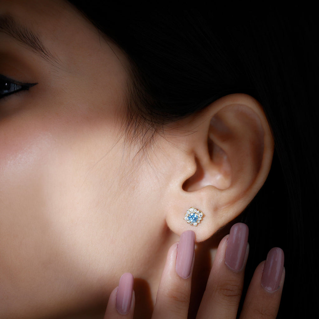 Real Aquamarine Stud Earrings with Diamond Halo