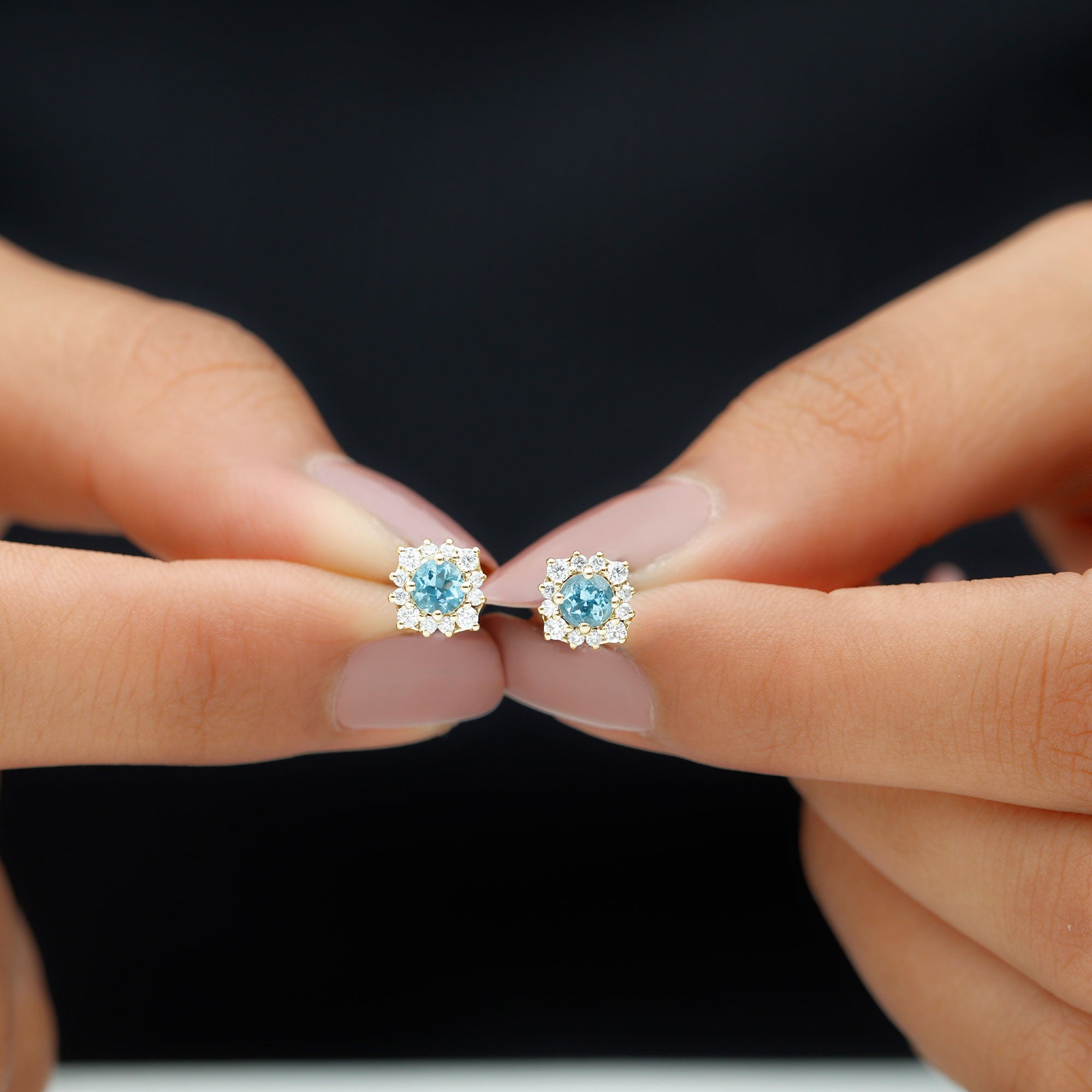 Real Aquamarine Stud Earrings with Diamond Halo