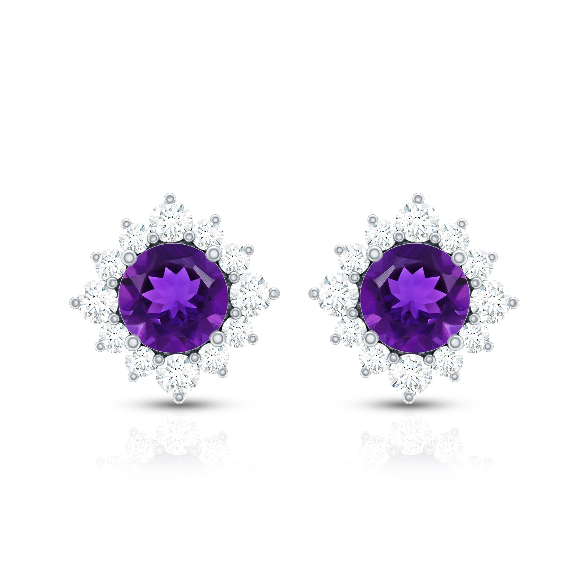 Genuine Amethyst Stud Earrings with Diamond Halo
