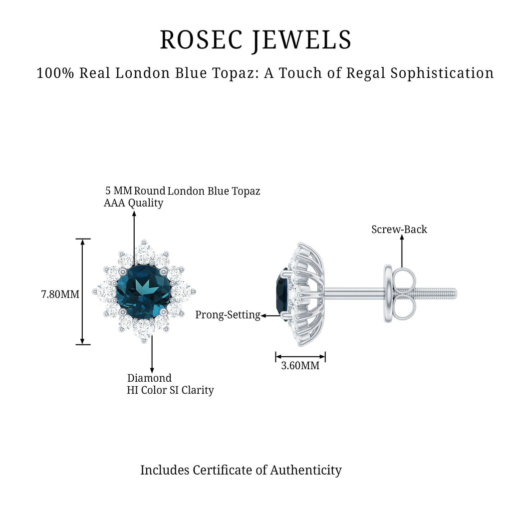 1.25 CT Classic London Blue Topaz Stud Earrings with Diamond Halo