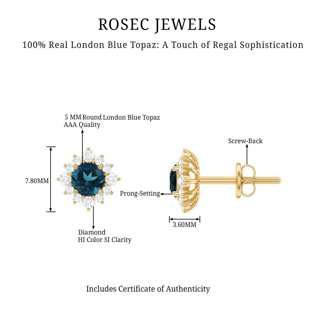 1.25 CT Classic London Blue Topaz Stud Earrings with Diamond Halo