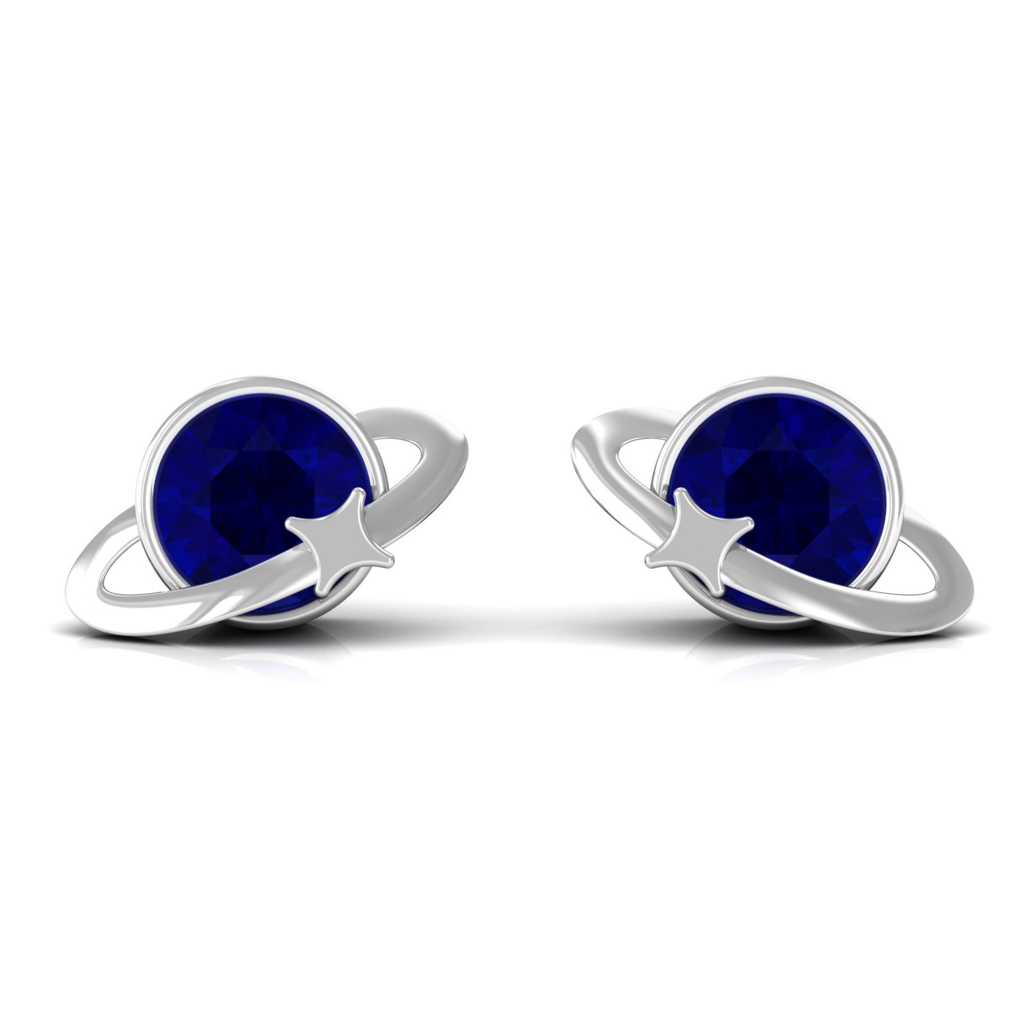 1.9 Carat Solitaire Blue Sapphire Celestial Stud Earrings in Bezel Setting