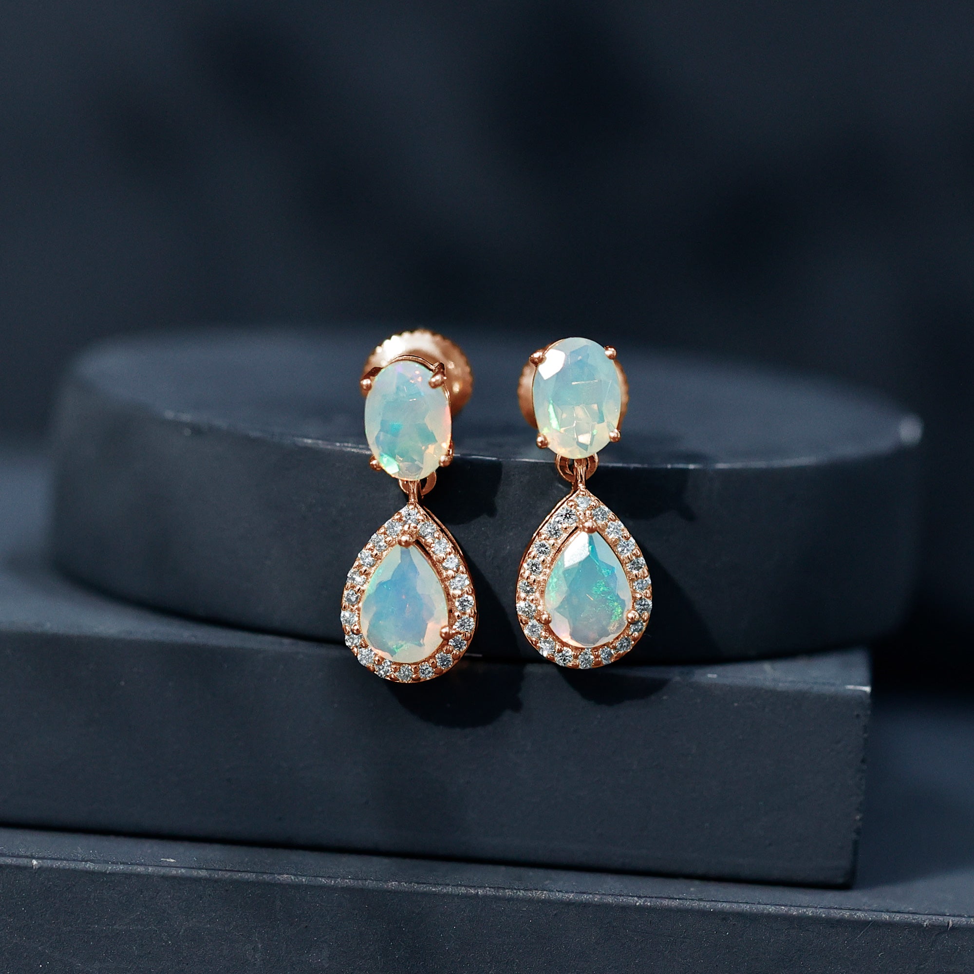 Genuine 3 Carat Ethiopian Opal Drop Dangle Earrings with Diamond Halo