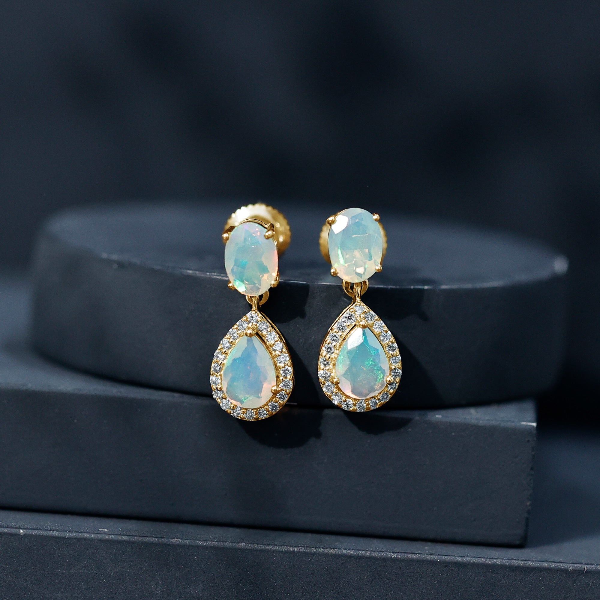 Genuine 3 Carat Ethiopian Opal Drop Dangle Earrings with Diamond Halo