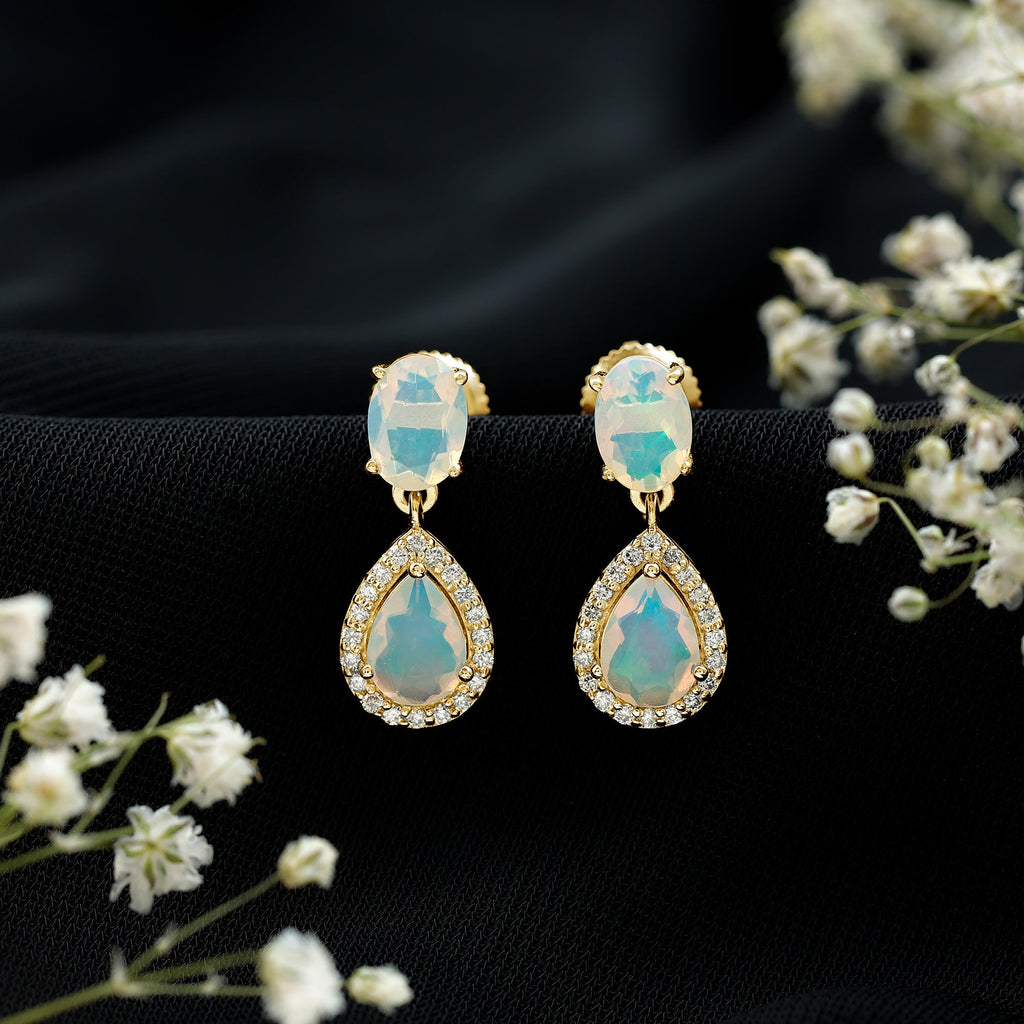 Genuine 3 Carat Ethiopian Opal Drop Dangle Earrings with Diamond Halo