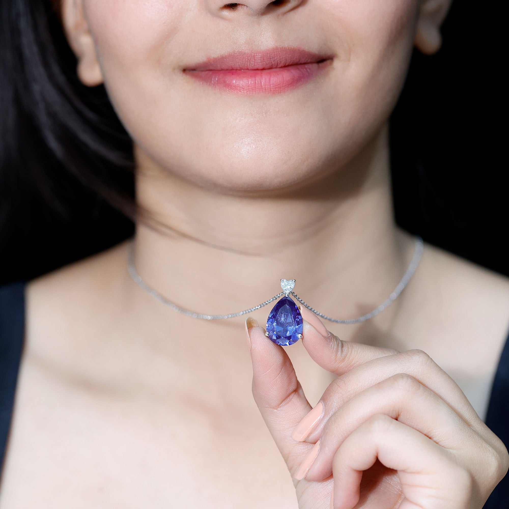 Certified 9 Carat Pear Shape Lab Grown Blue Sapphire Necklace With Silver Chain