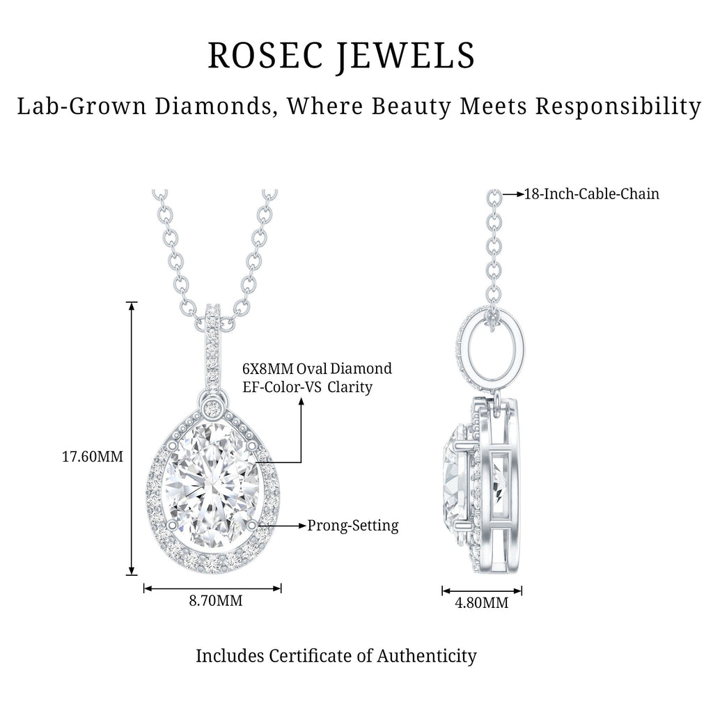1 Carat Oval Lab Grown Diamond Teardrop Halo Necklace For Women
