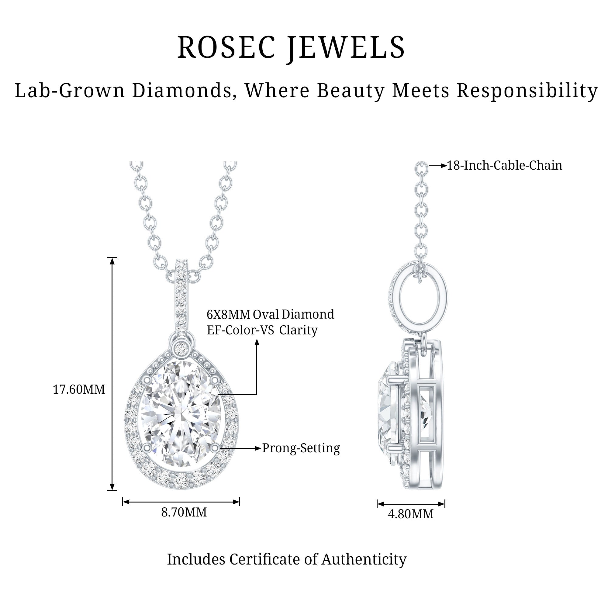 1 Carat Oval Lab Grown Diamond Teardrop Halo Necklace For Women