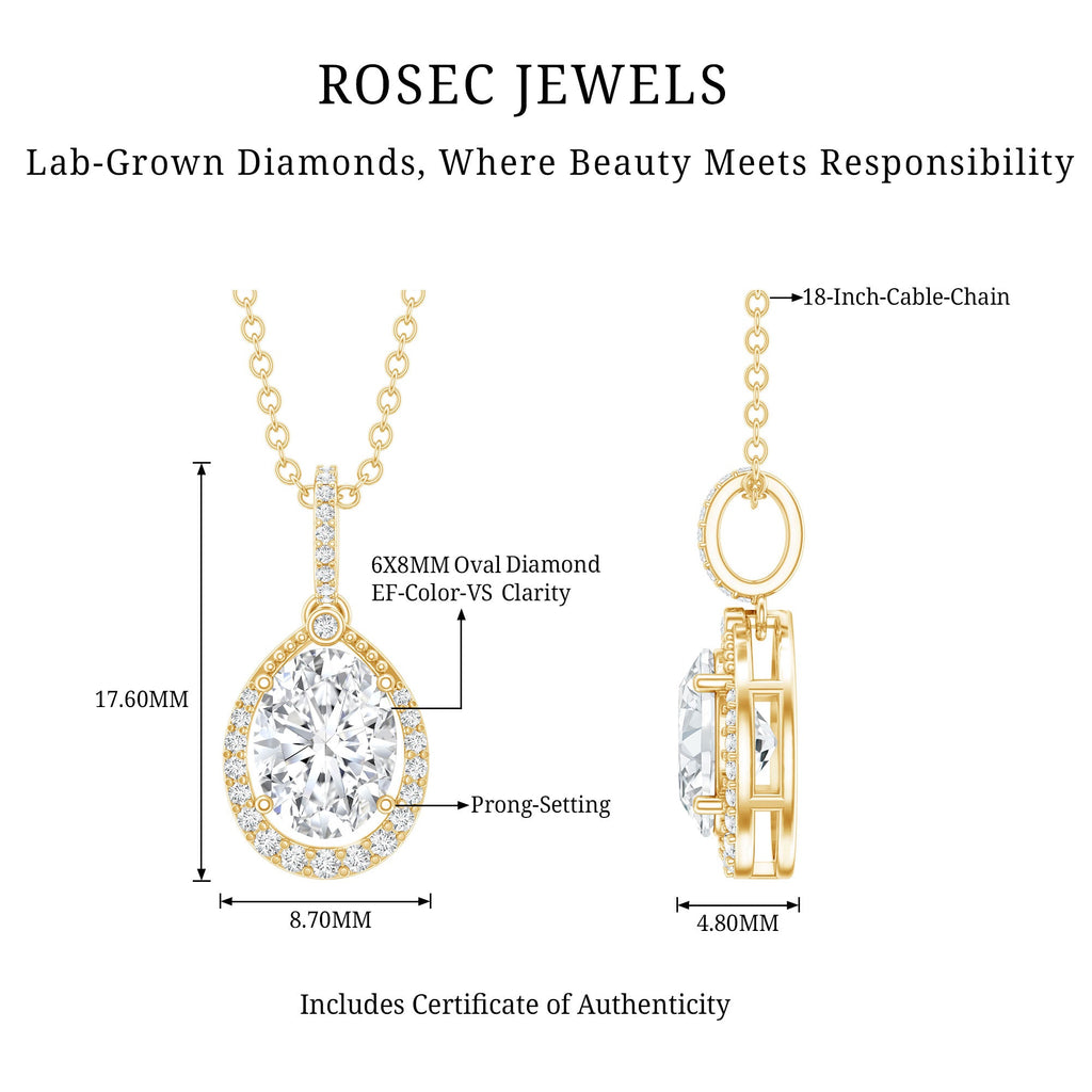 1 Carat Oval Lab Grown Diamond Teardrop Halo Necklace For Women
