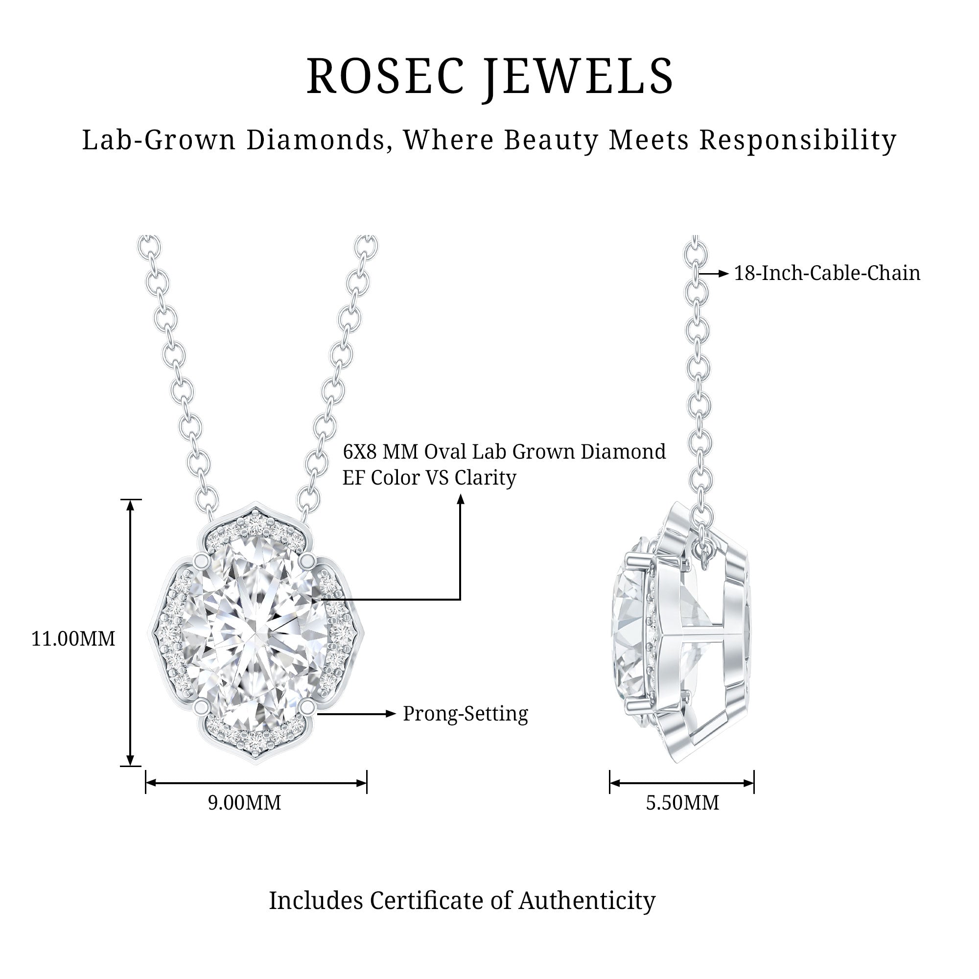 6X8 MM Oval Shape Lab Grown Diamond Vintage Flower Necklace