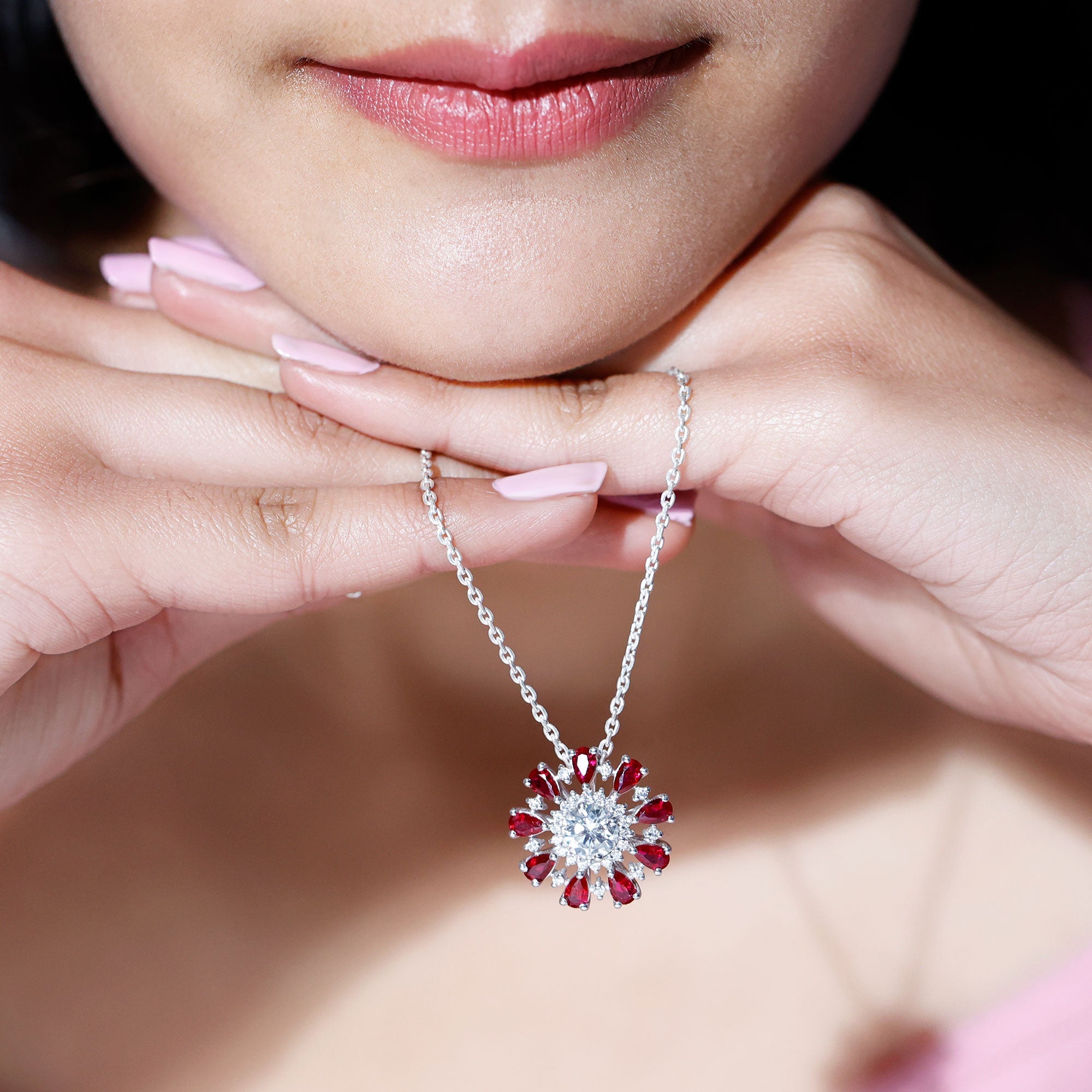 7 MM Lab Grown Diamond Flower Statement Necklace with Ruby