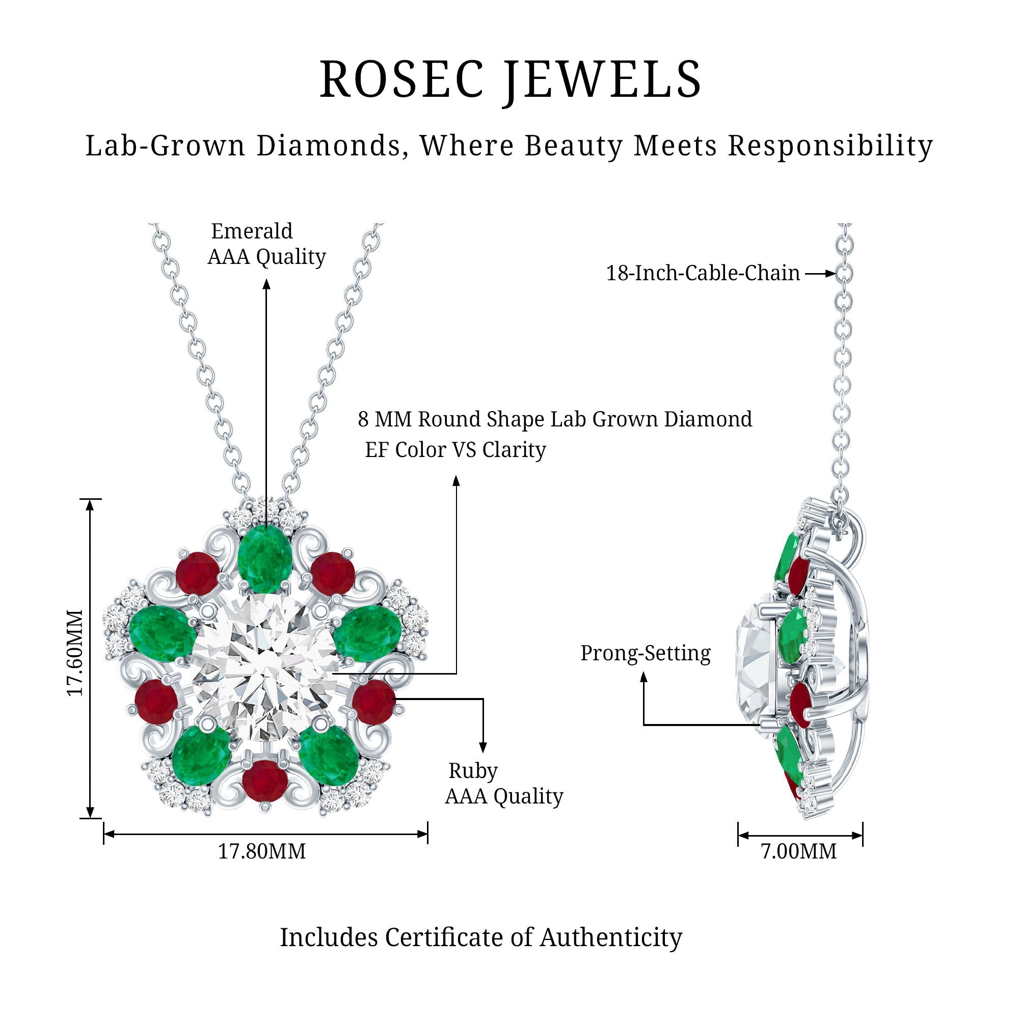 Lab Grown Diamond Cocktail Necklace With Emerald Ruby