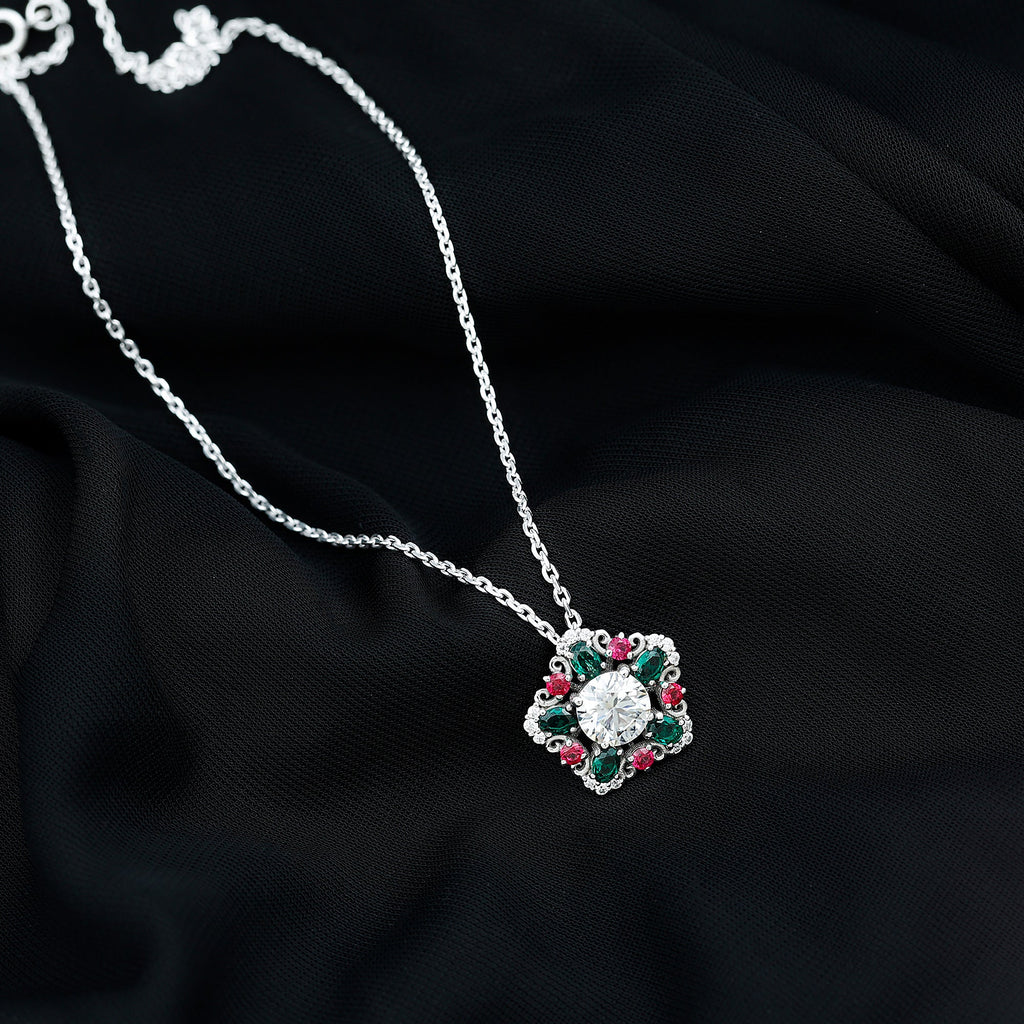 Lab Grown Diamond Cocktail Necklace With Emerald Ruby