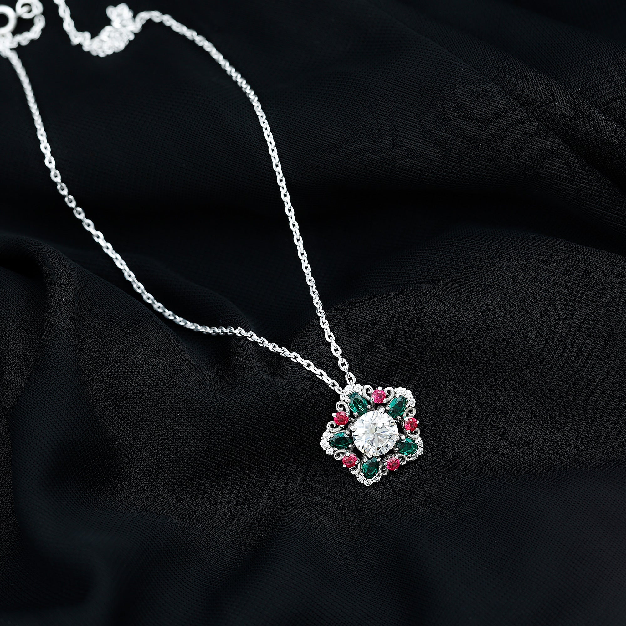 Lab Grown Diamond Cocktail Necklace With Emerald Ruby