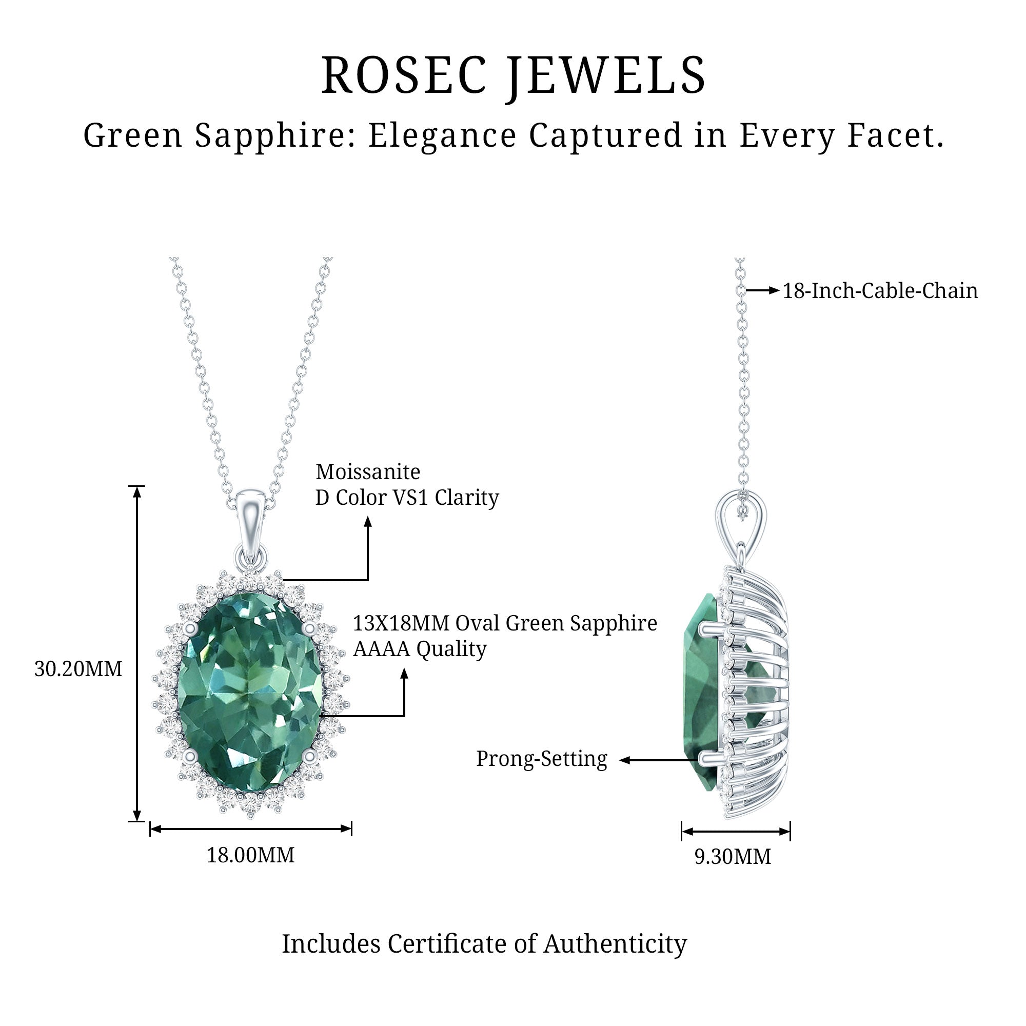 14 Carat Lab Grown Green Sapphire Statement Necklace with Silver Chain