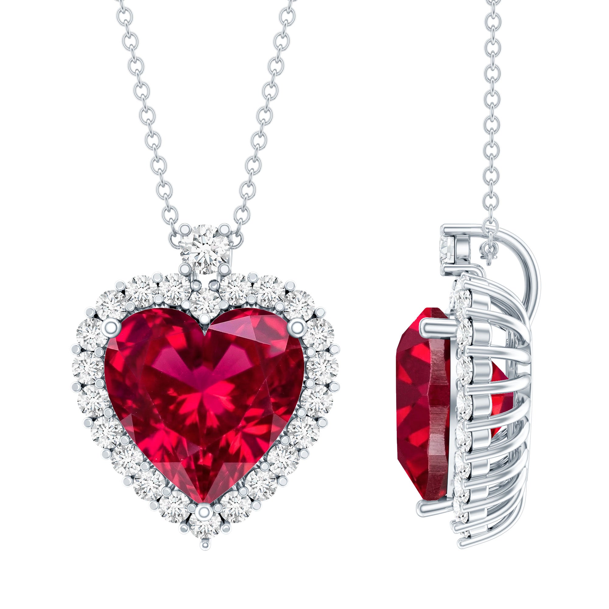 Certified Lab Grown Ruby Heart Necklace with Moissanite Halo