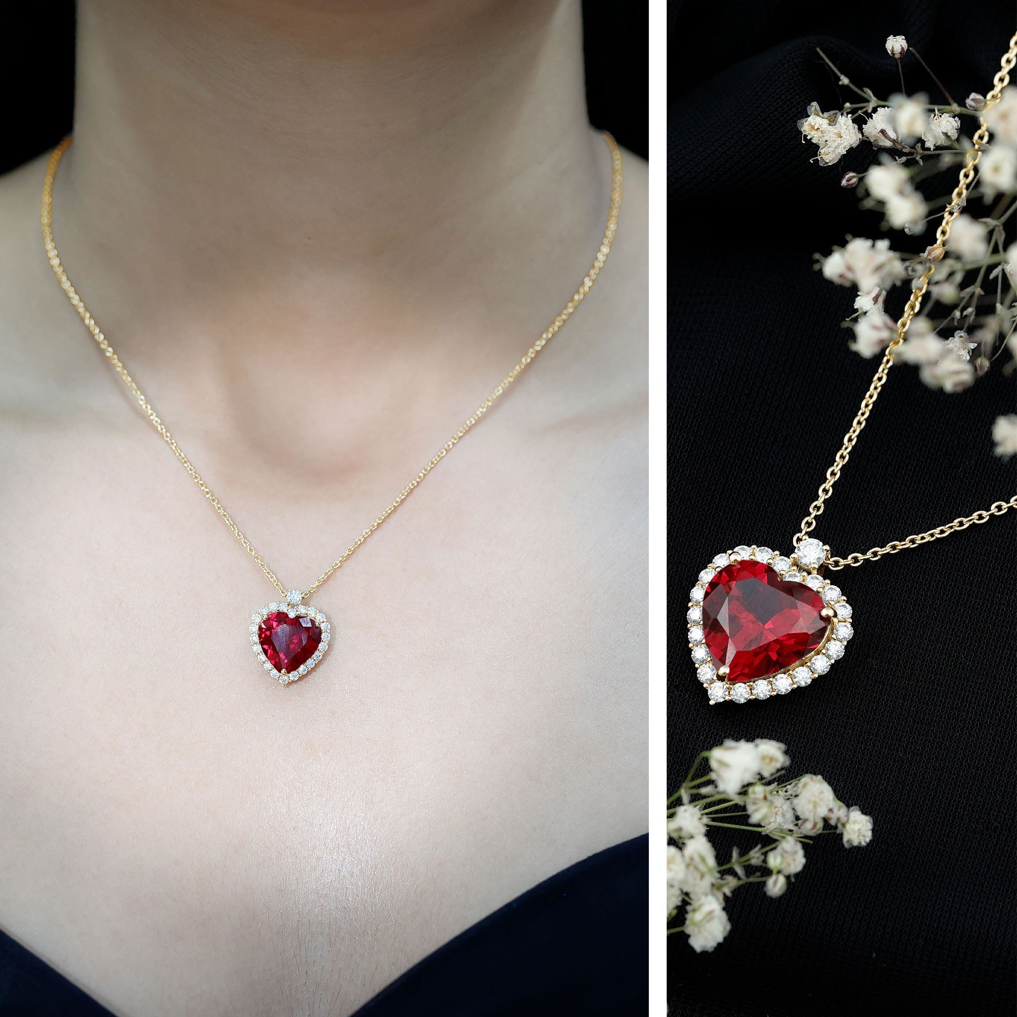 Certified Lab Grown Ruby Heart Necklace with Moissanite Halo