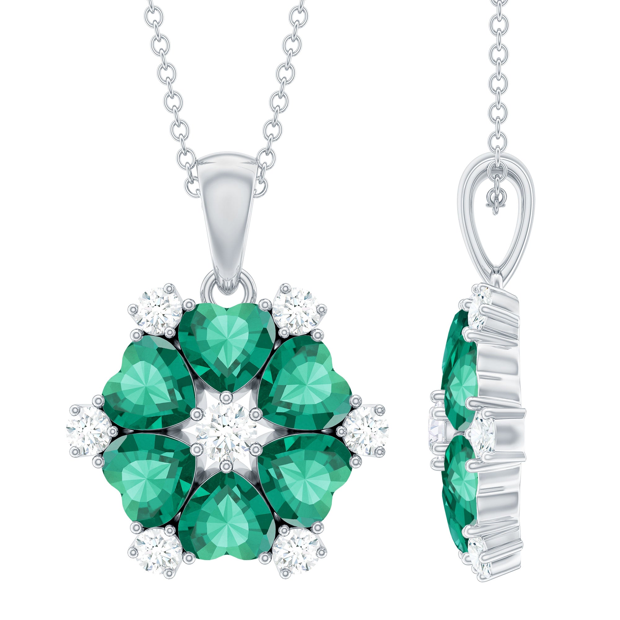 1.6 Carat Heart Shape Lab Created Emerald and Diamond Flower Pendant