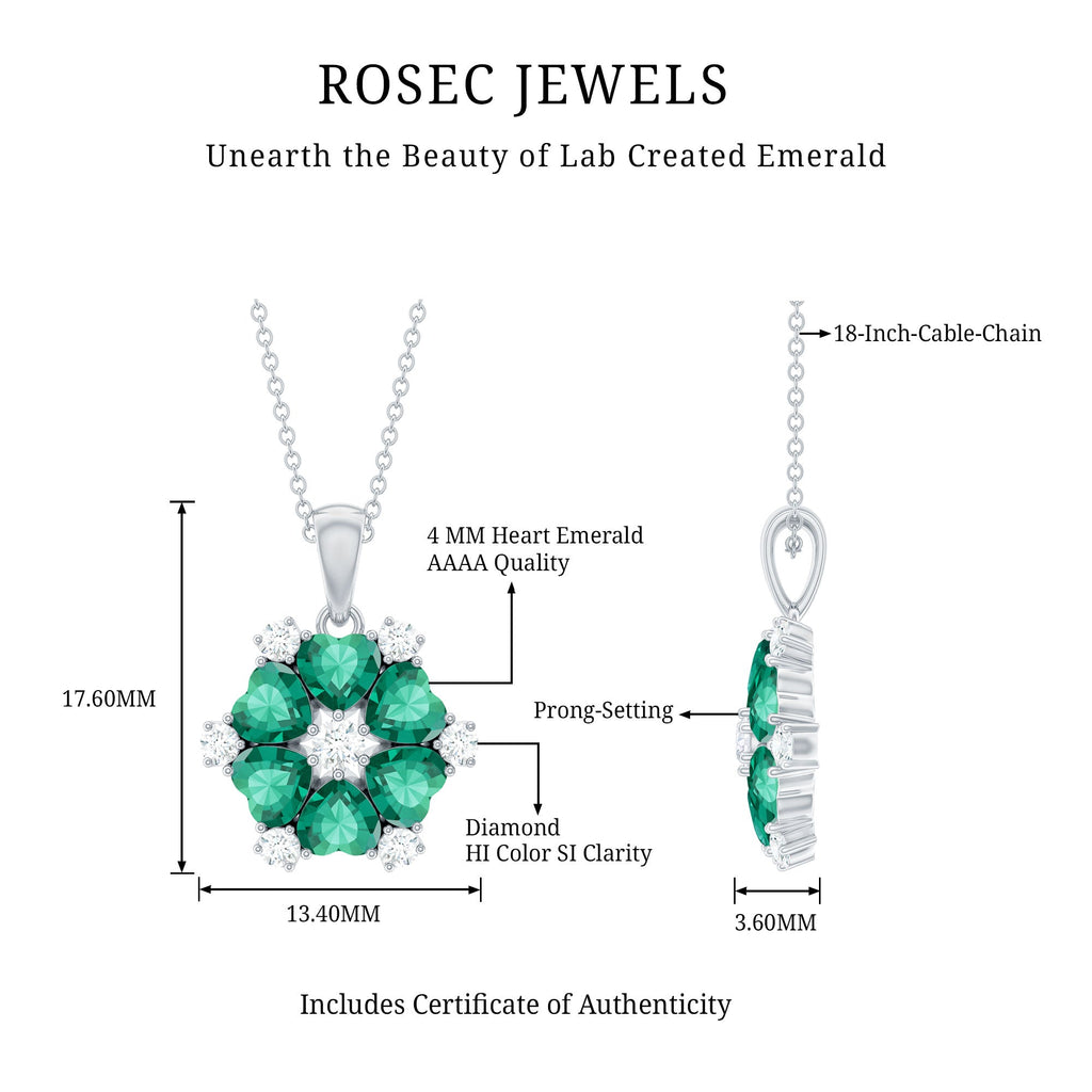 1.6 Carat Heart Shape Lab Created Emerald and Diamond Flower Pendant