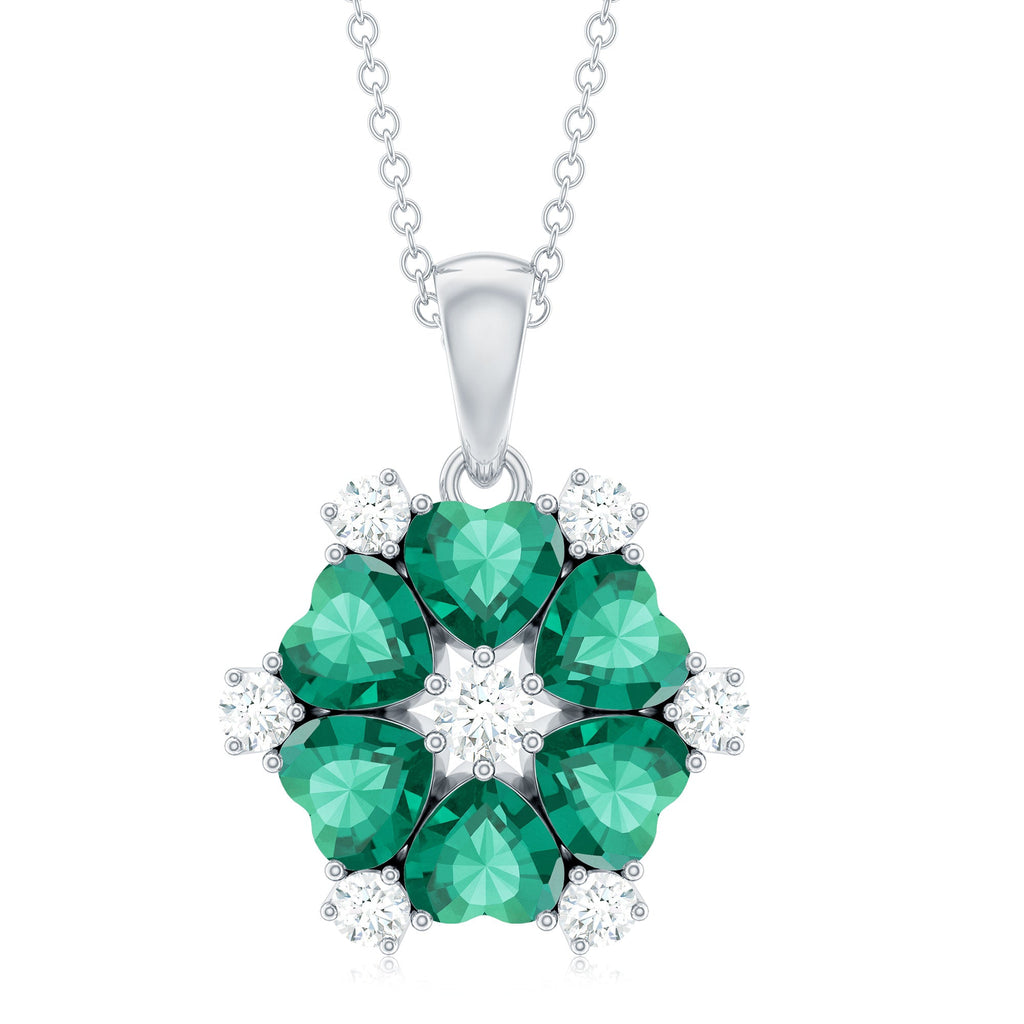 1.6 Carat Heart Shape Lab Created Emerald and Diamond Flower Pendant