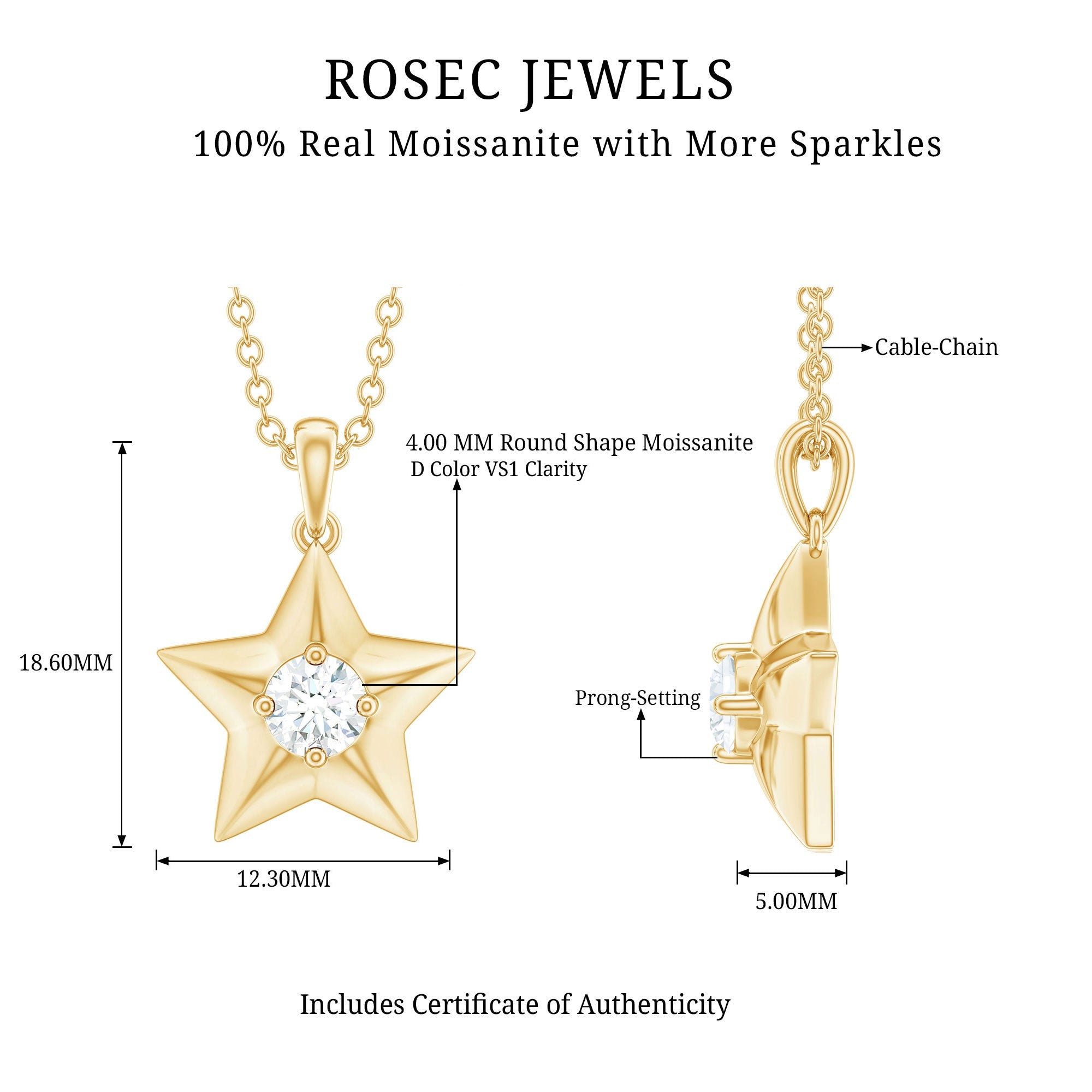 Certified Moissanite Star Pendant Necklace with Chain