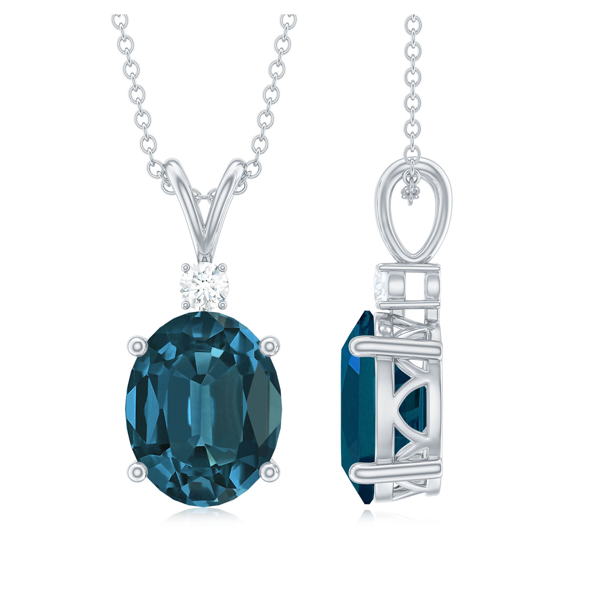 Real 2.5 Carat Oval Shape Real London Blue Topaz Oval Necklace With Silver Chain