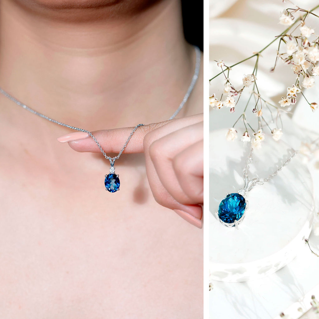 Real 2.5 Carat Oval Shape Real London Blue Topaz Oval Necklace With Silver Chain