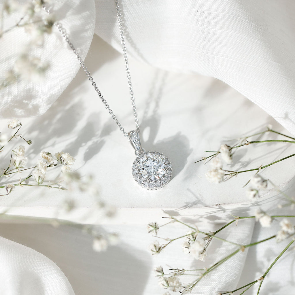 Certified 8 MM Round Cubic Zirconia Halo Necklace with Chain