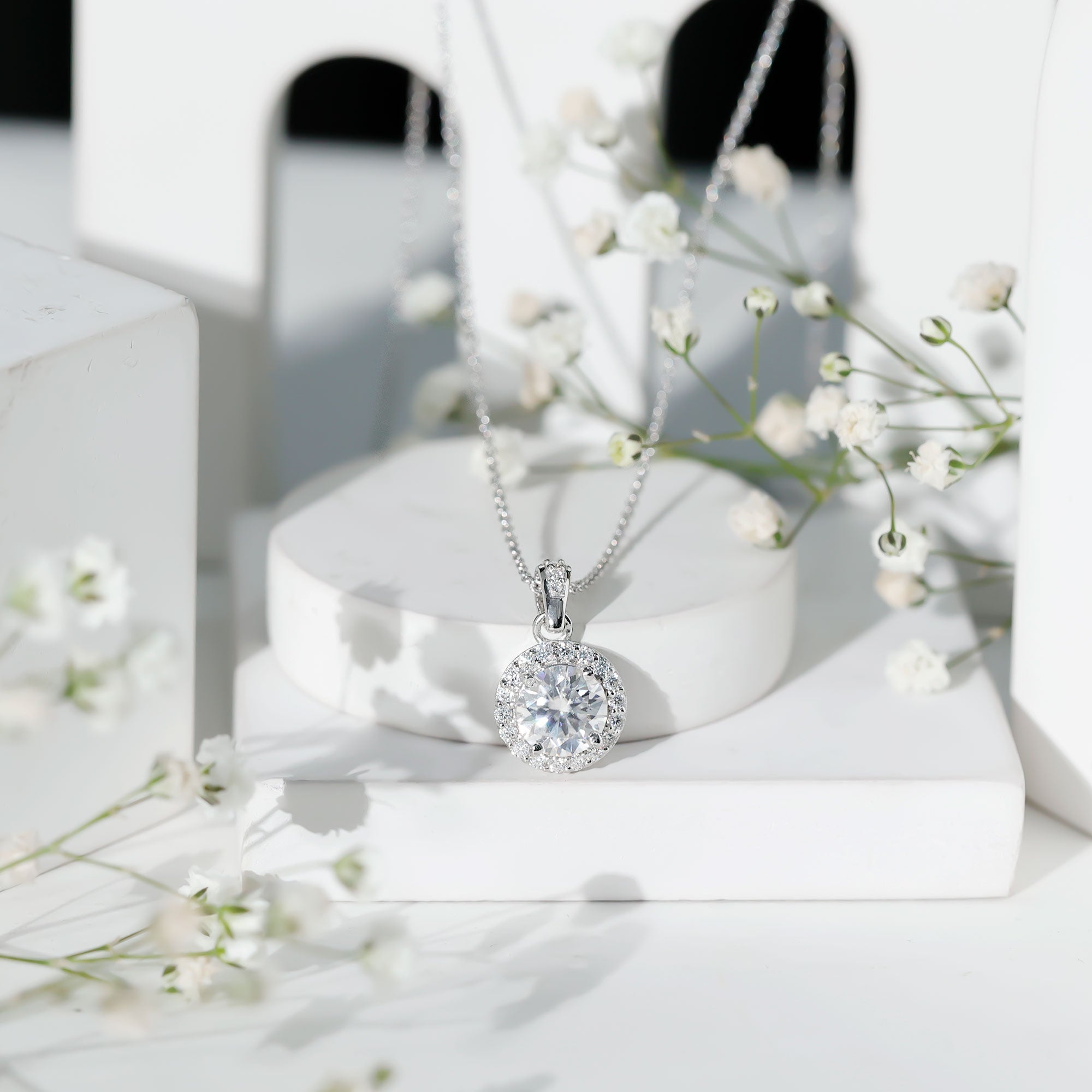 Certified 8 MM Round Cubic Zirconia Halo Necklace with Chain