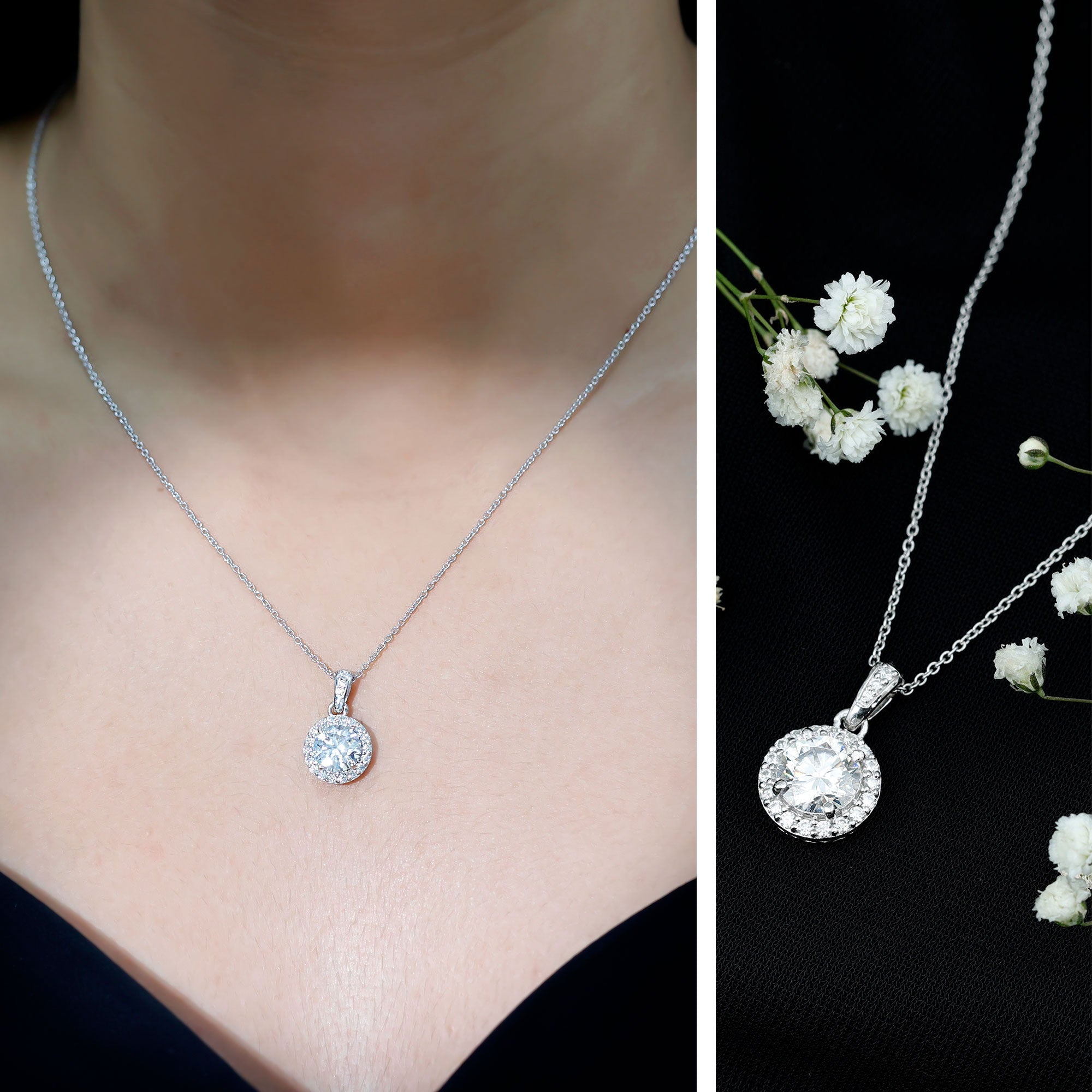Certified 8 MM Round Cubic Zirconia Halo Necklace with Chain